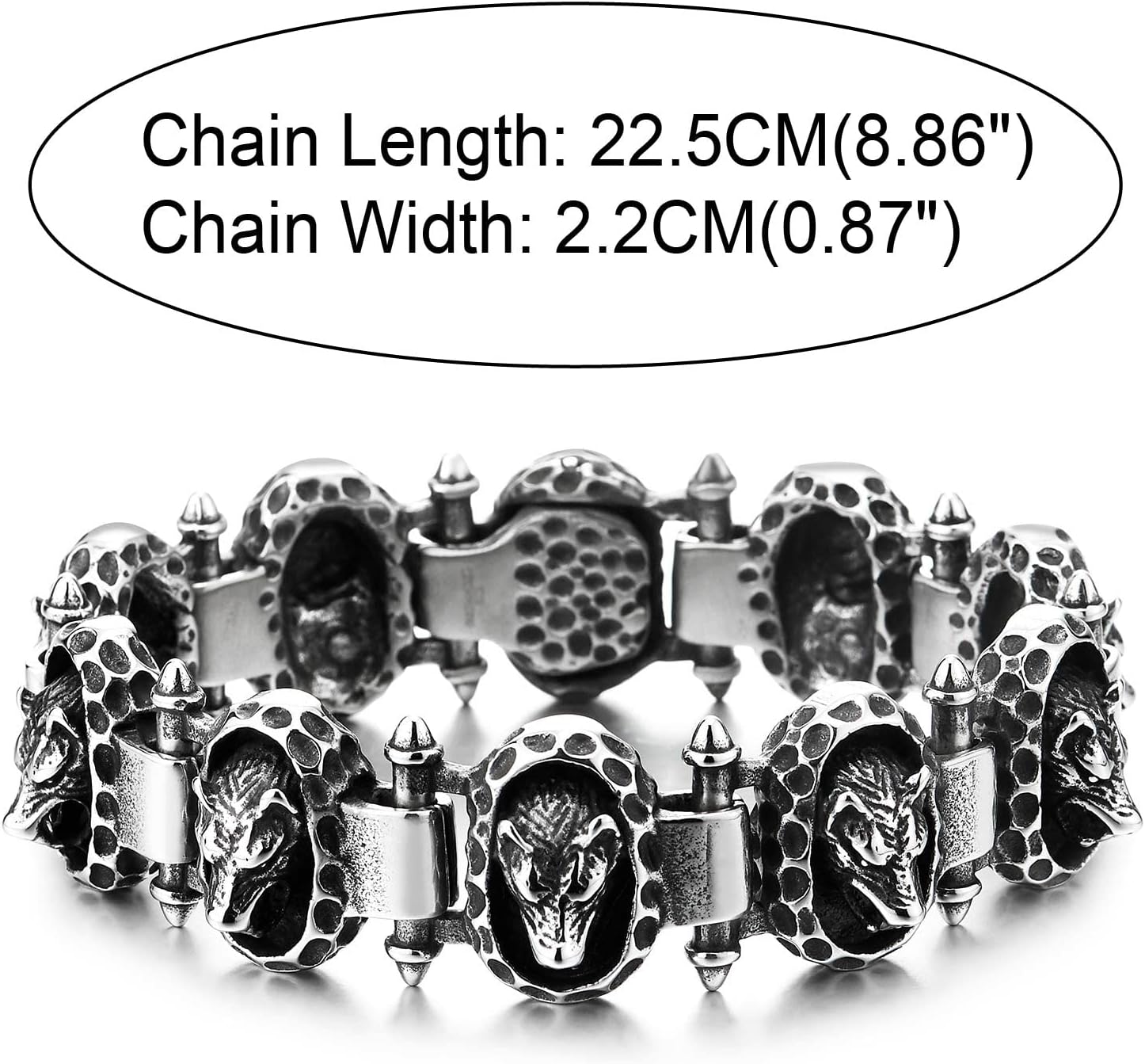 COOLSTEELANDBEYOND Mens Steel Wolf Head Bracelet, Vintage Blackened Dotted Oval Charms Link Chain Bangle, Heavy-Duty, Punk