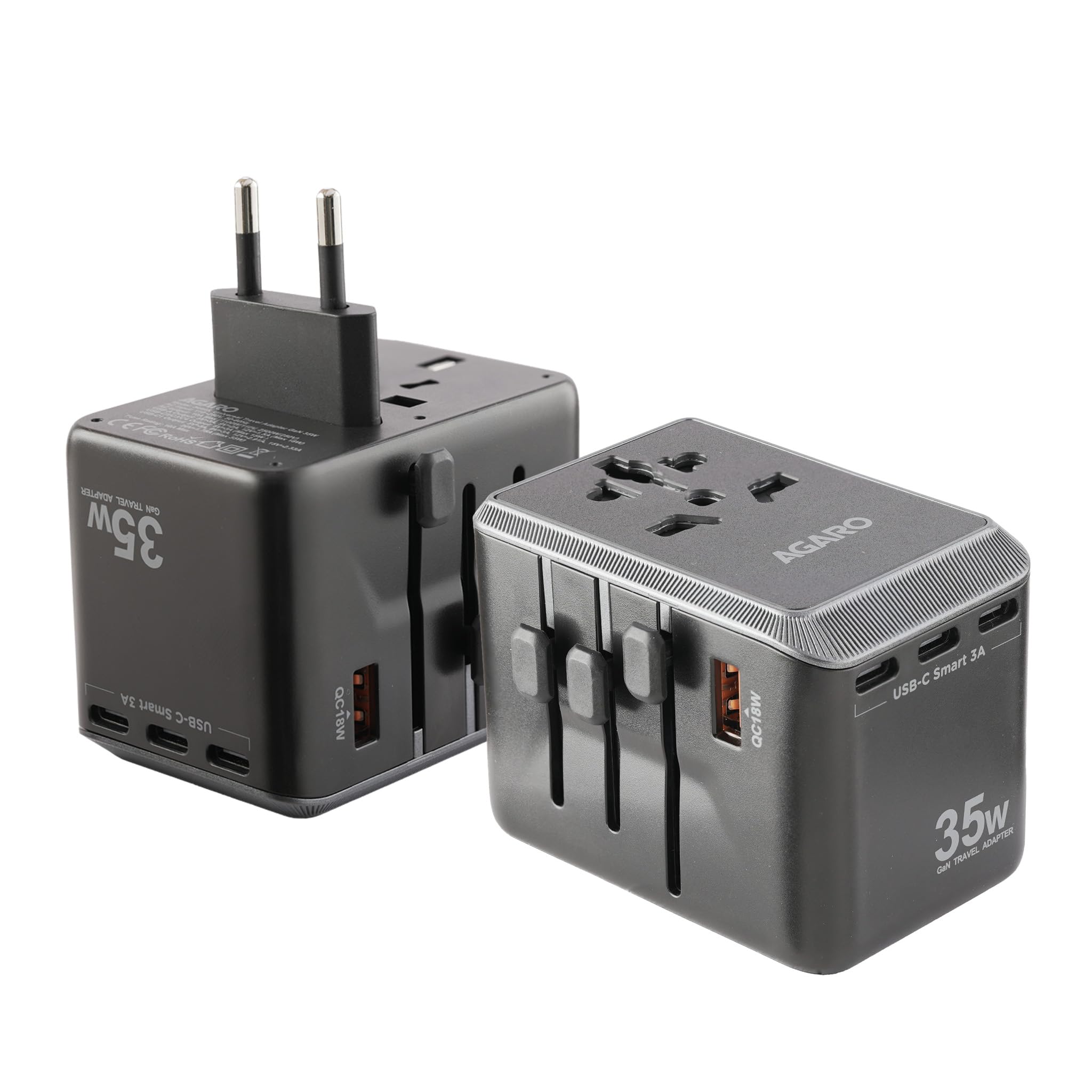 AGARO 6-in-1 Universal Travel Adapter with 35W GaN Fast Charging for 150+ Countries, 5-Port Charger with USB-C & USB-A, 2500W Universal AC Socket for Laptop, Smartphone & Tablet Charging, (Black)