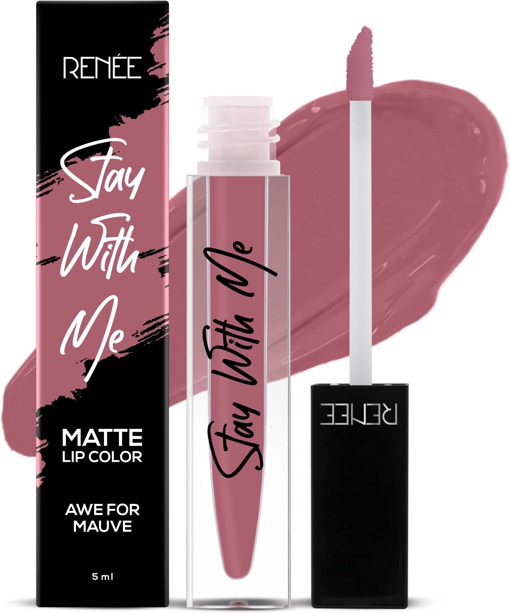 RENEE Stay With Me Matte Lipstick - Awe For Mauve l Transfer Proof, Smudge & Waterproof | Long Lasting l Highly Pigmented l Velvety, Matte Finish l Enriched with Vitamin E l Travel Friendly l 5 ml