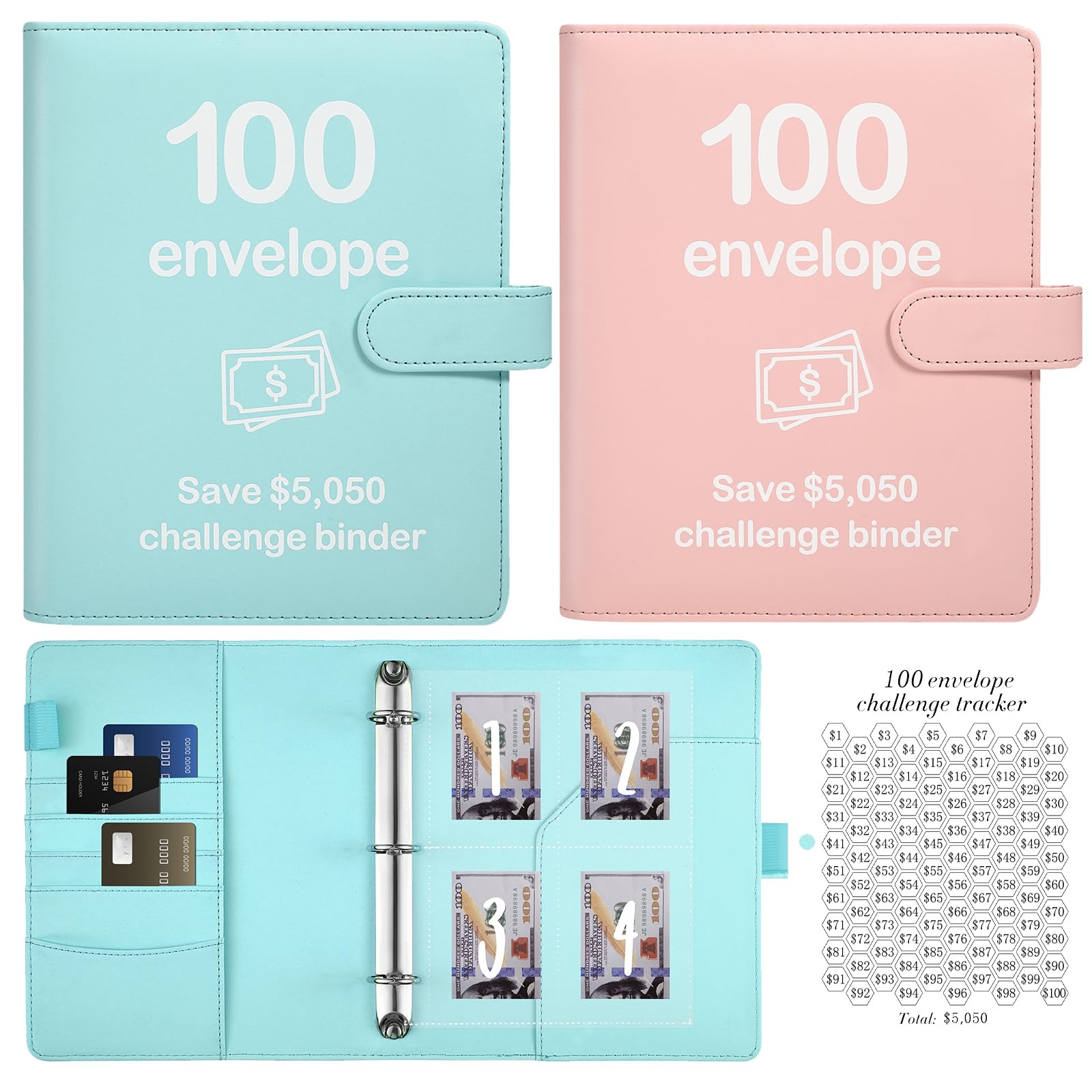 100 Envelopes Money Saving Challenge Binder with Reusable Laminated Tracker, Budget Book with Cash Envelopes, Easy and Fun Way to Save $5,050 (Pink and Blue)