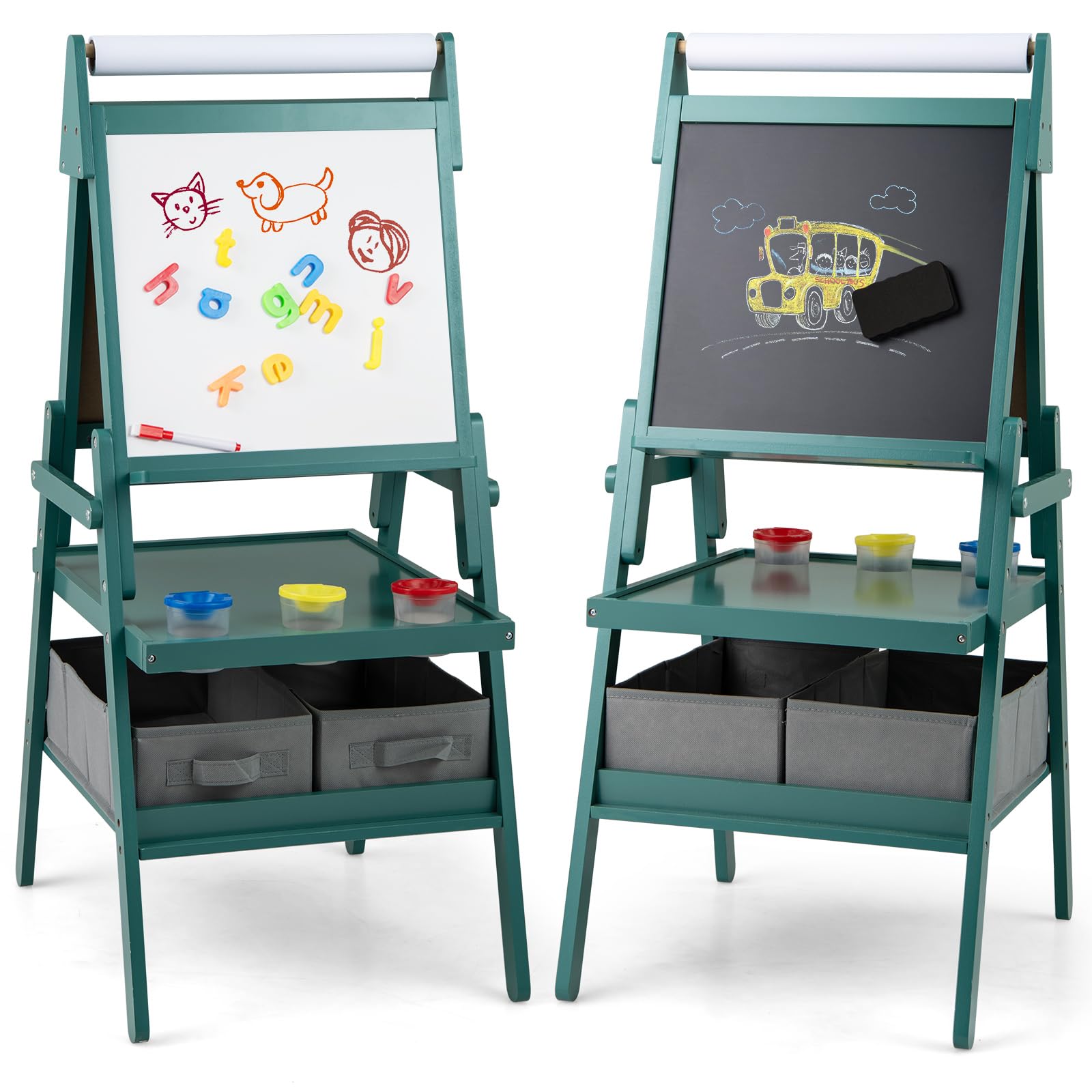 COSTWAY 3 in 1 Kids Art Easel, Double-Sided Toddler Drawing Board with Magnetic Whiteboard & Chalkboard, Paper Roll, 3 Paint Cups, Storage Bins and Racks, Children Easels for 3-6 Yeas Old (Green)