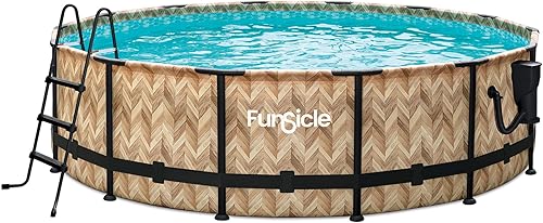 Funsicle Oasis Designer - Piscina sobre el suelo con marco redondo de 14 x 42 pulgadas con bomba de filtro SkimmerPlus, patrón de espiga de roble