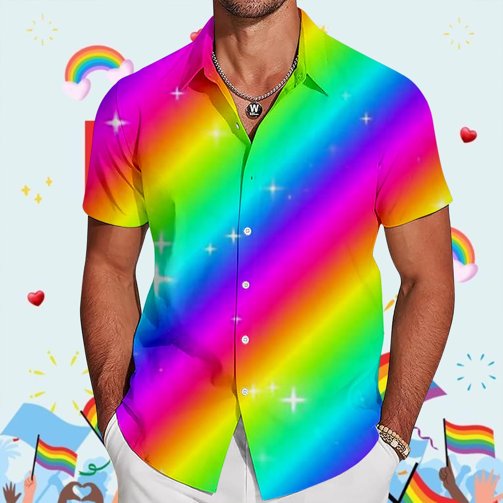 Camicia hawaiana da uomo button down con stampa arcobaleno camicie casual LGBTQ Gay Pride mese camicia hawaiana da uomo casual a maniche corte camicia da spiaggia camicie da vacanza camicia