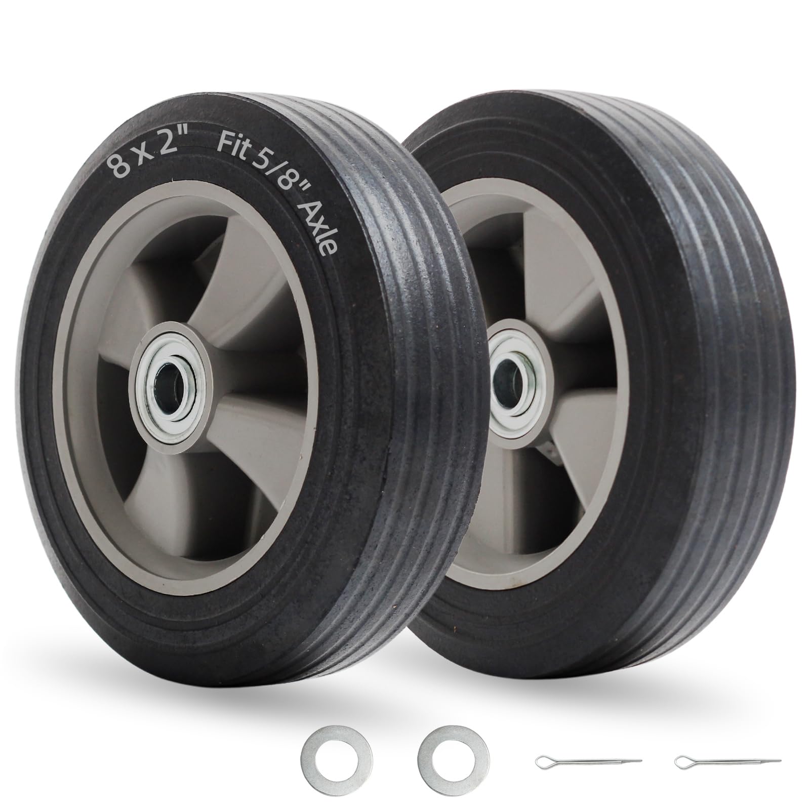 8" x 2" Flat-Free Solid Rubber Tire and Wheel with Ball Bearings and 5/8" Axle Bore Hole, 2" Offset Hub, For Hand Truck Dolly Trolley Garden Wagon Cart Generator Replacement Tire, 2 Pack