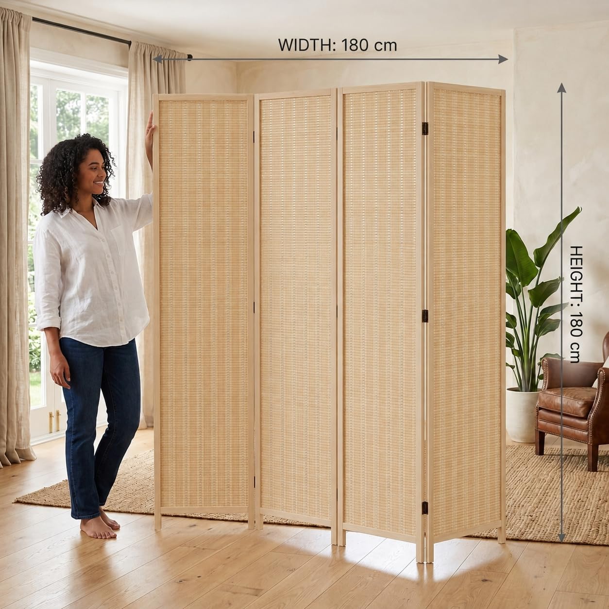 Trennwand/Raumteiler Faltbar aus Bambus - Paravent Umkleide Sichtschutz Spanische Wand - 180 x 180 cm Raumtrenner 4 teilig Leinwand - Natur Hellbraun