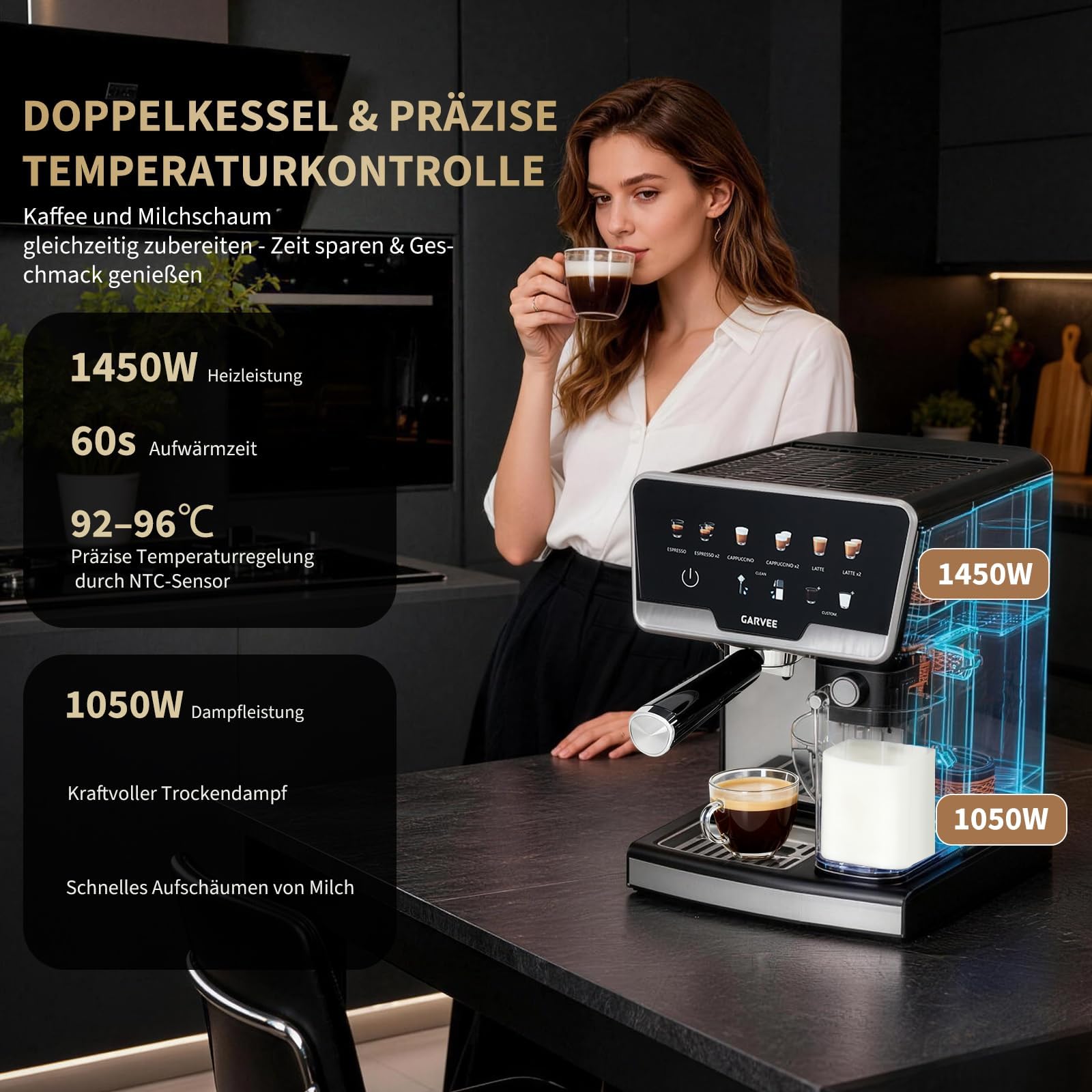 Siebträgermaschine 20 Bar Mit Doppelboiler, Auto-Milchaufschäumer & Selbstreinigung, 1450W Espressomaschine Mit 2L Wassertank & 500ml Milchtank, 6 Programmen & Handmodus Für Cappuccino Latte Espresso