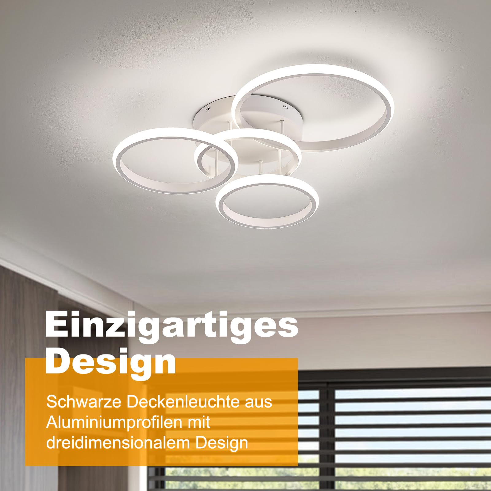 Qamra LED Deckenleuchte, 60 W Weiße Deckenlampe, 4000 K Deckenleuchte, 53 cm Runde Moderne 4-Ring-Deckenleuchte Für Wohnzimmer, Schlafzimmer Und Küche