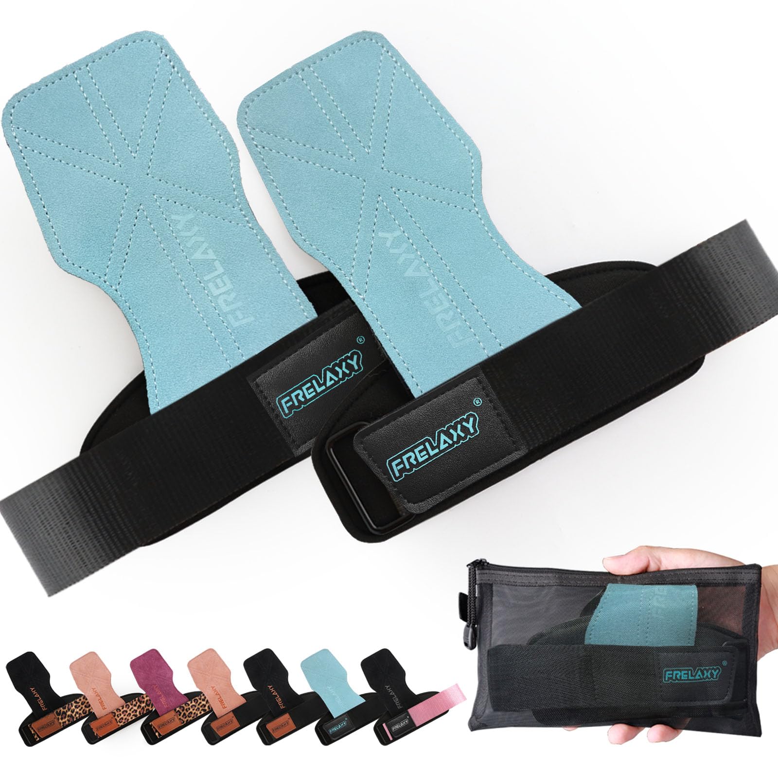 Frelaxy Lifting Wrist Straps Women and Men, Weight Lifting Grips with Cushion Wrist Loop, Double Layer Leather and Storage Pouch, Gym Workout Straps for Deadlift and Powerlifting (Lake Blue)-image-47