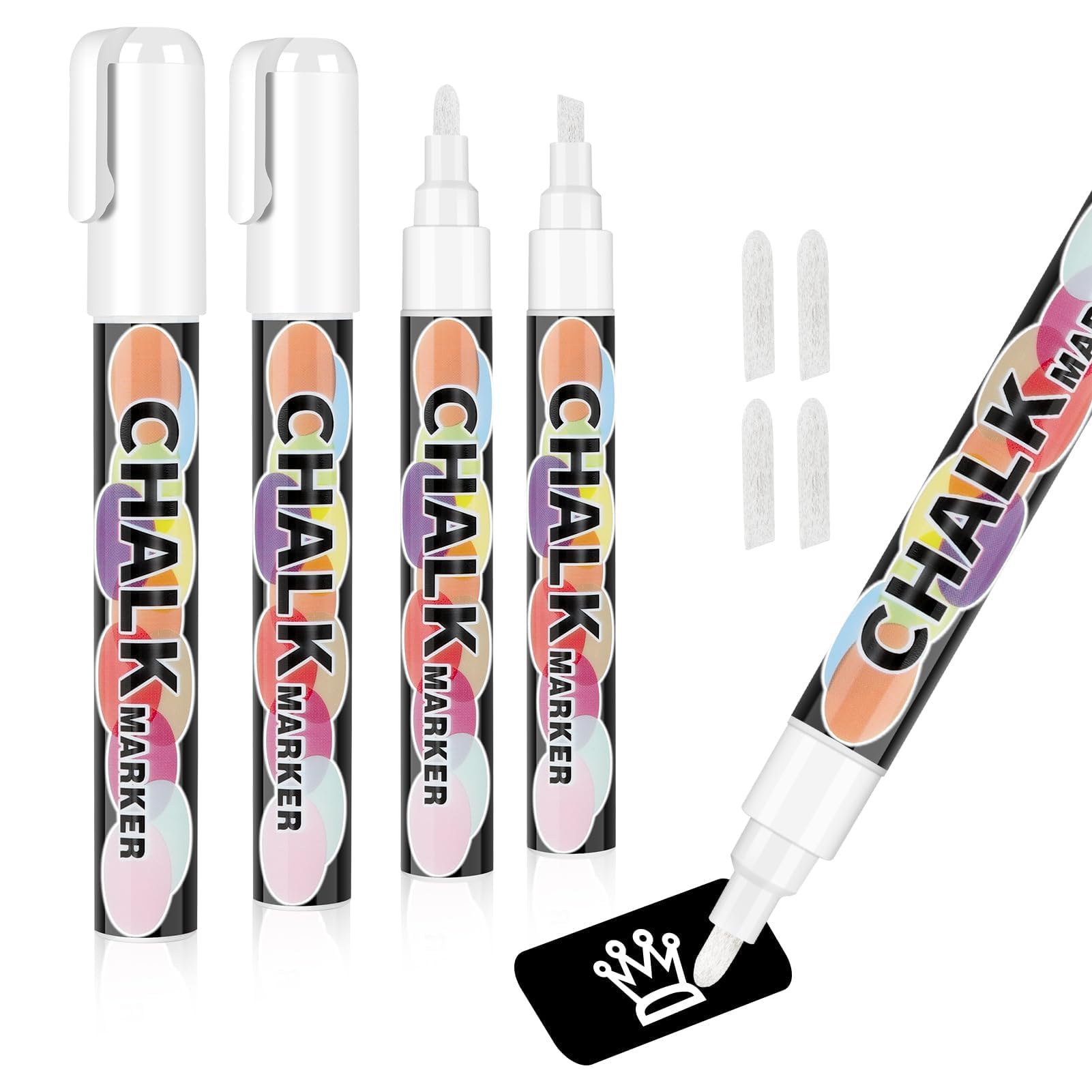 Rotulador Blancos, 4 Marcador Acrílico 6mm Rotuladores Tiza Líquida Blancos Seco Húmedo Tinta Borrable Adecuado Punta Reversible Bala Cincel para Piedra Madera Vidrio Cerámica Lona ​​Neumáticos