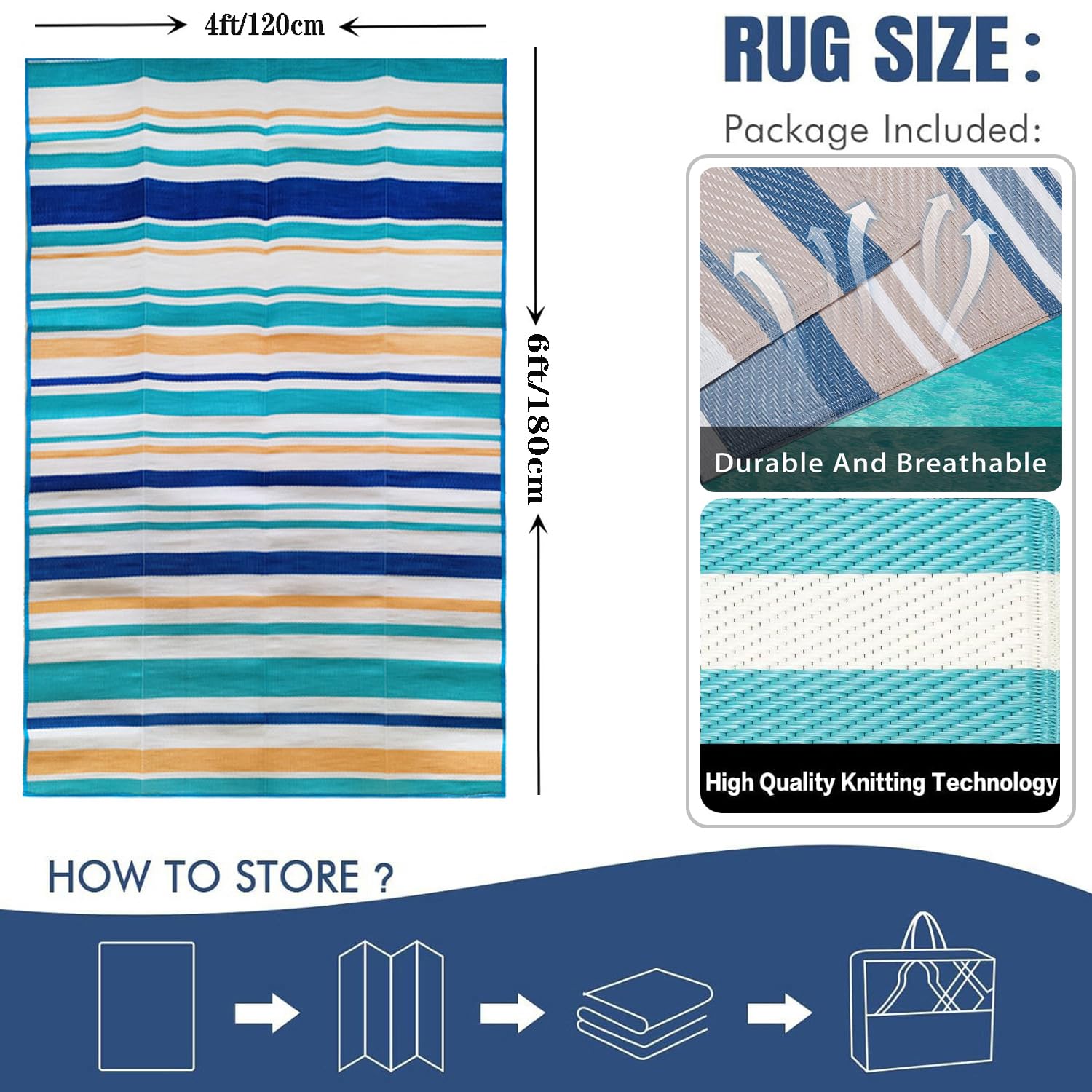 Tapis Extérieur Terrasse Rayés Moderne,120x180 Tapis de Sol Extérieur en Plastique Réversible,Tapis Extérieur Résistant à la Pluie Pliable pour Balcon Camping Pique-Nique (Bleu/Blanc/Orange)