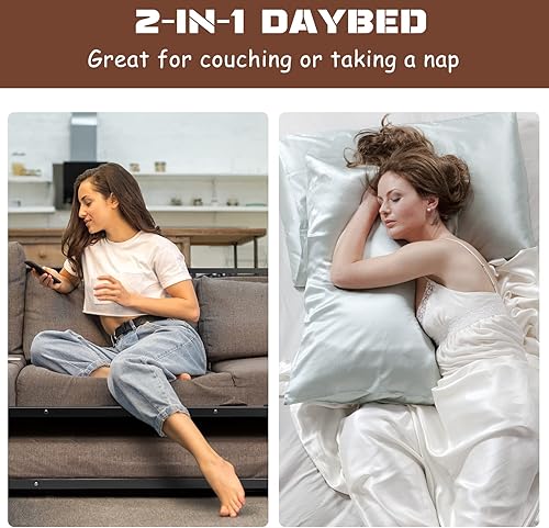 Miniatura 5 de Giantex Sofá cama individual con nido, sofá cama de metal tamaño individual con nido extraíble con 4 ruedas, sofá cama con soporte de listones de