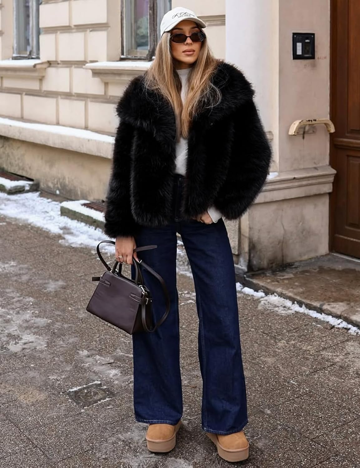 Wyeysyt Womens Faux Fur Coat Cropped Fluffy Shaggy Jacket Lapel Winter Warm Furry Short Coat - Image 6