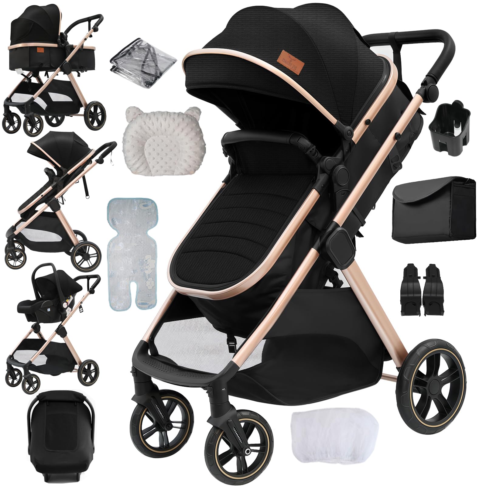 Poussette 3 en 1 Système de Voyage Pliable Pneus Caoutchouc 0-4 Ans