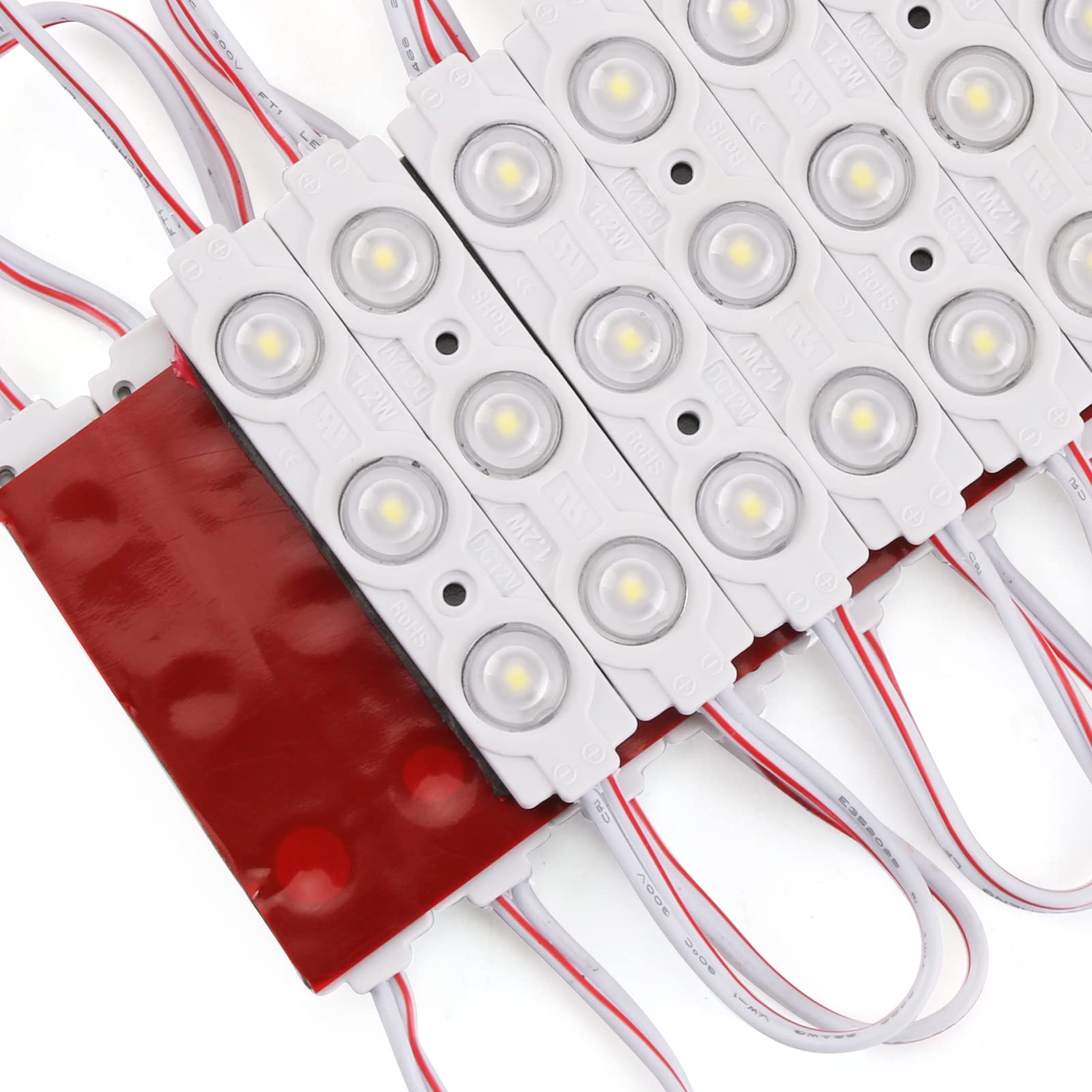 Lot de 200 modules LED 12 V CC lumière rouge 1,2 W 3 LED avec lentille étanche décorative pour panneaux publicitaires, lettres avec ruban adhésif à l'arrière