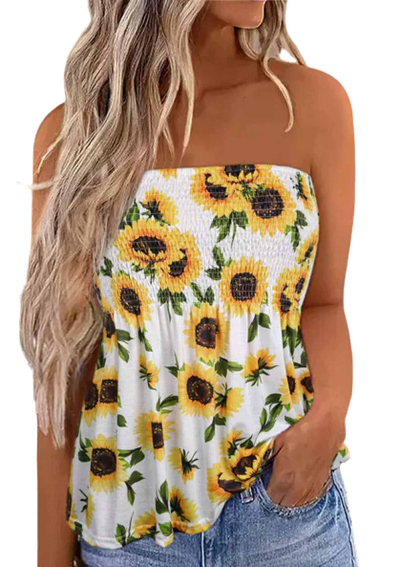 SZSMFZ Womens Smocked Strapless Bandeau Tank Tops Floral Tube Tops Backless Bandeau Tunic Tops Sleeveless Shirts