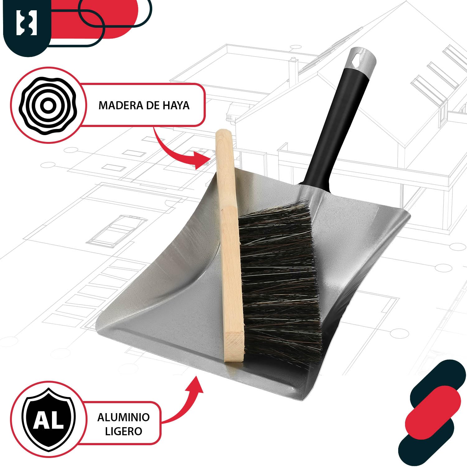 KOTARBAU® Pala y Cepillo Mano - Conjunto de Recogedor y Escobilla - Acero Galvanizado - Escoba de Mano - Madera - Pala para Brasas - Kit Recogedor y Cepillo Manual