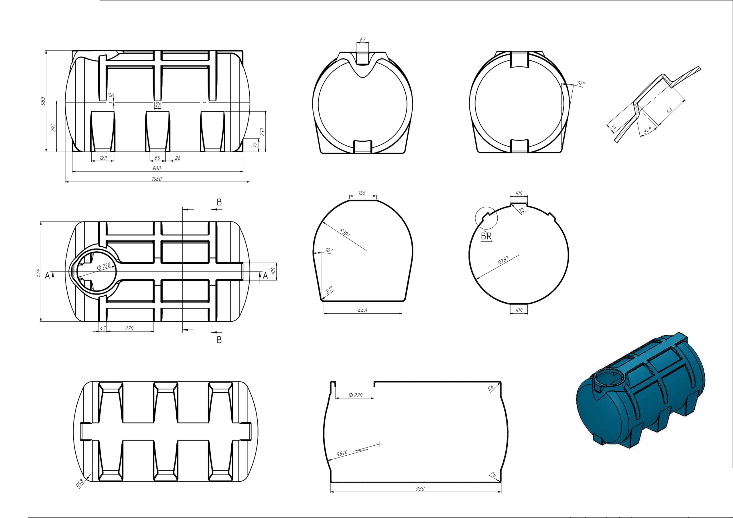 Varile Depósito de Agua Potable 250L Azul | Sin BPA | Rosca de latón de 3/4" integrada Apto para Uso alimentario | Horizontal