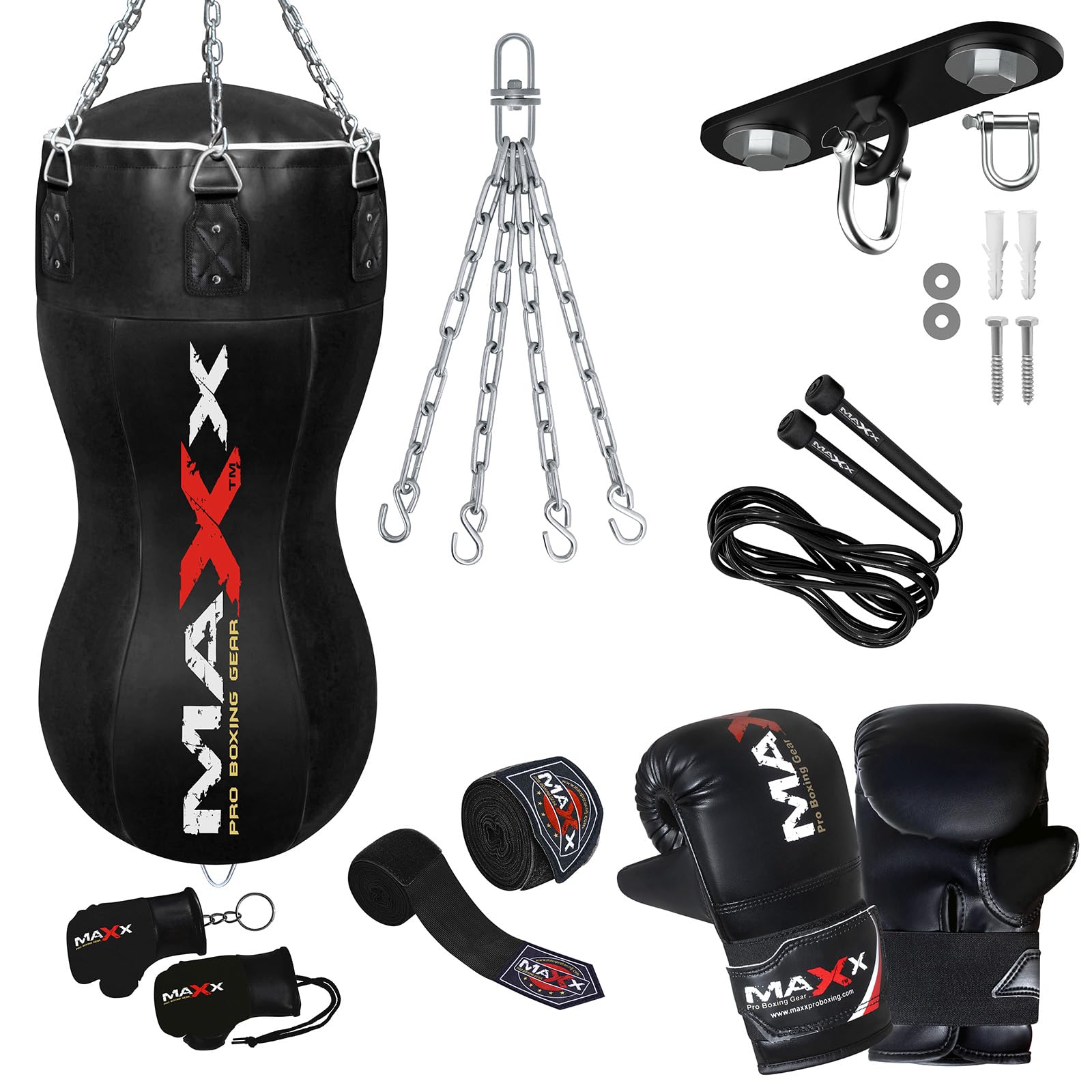 All Black range of Heavy Filled Hanging Boxing Punch Bag, Punchbag Set 5ft, 4ft, 3ft Includes FREE CHAIN (BAG +10PCS SET WTH HOOK, Body Bag)