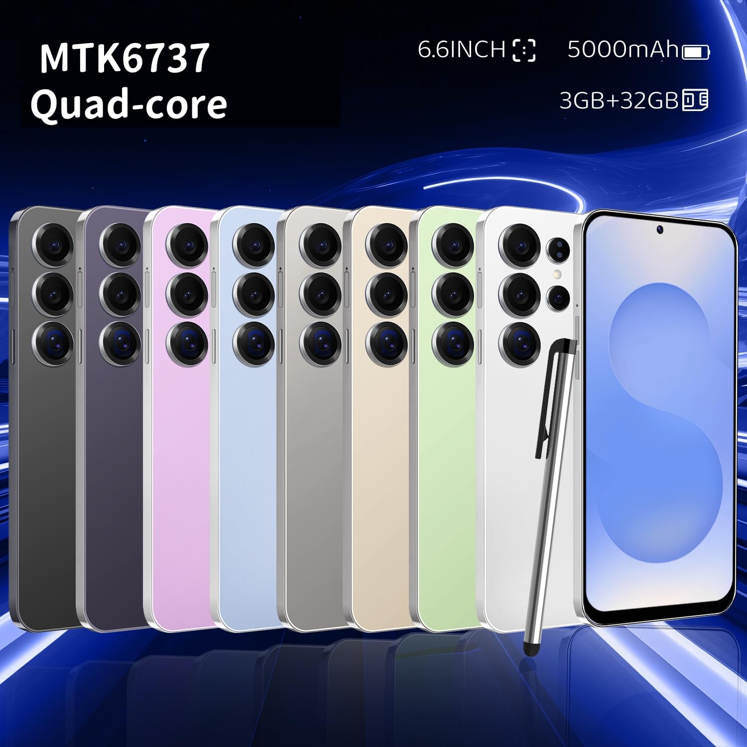 S25Ultra Unlocked Smartphone, Android 12.0 Mobile Phones 6.6'' HD+ Screen, 4GB RAM 32GB ROM/256GB SD, 4G Dual SIM Dual Camera, Face ID+WiFi+BT+FM+GPS+OTG (Blue)