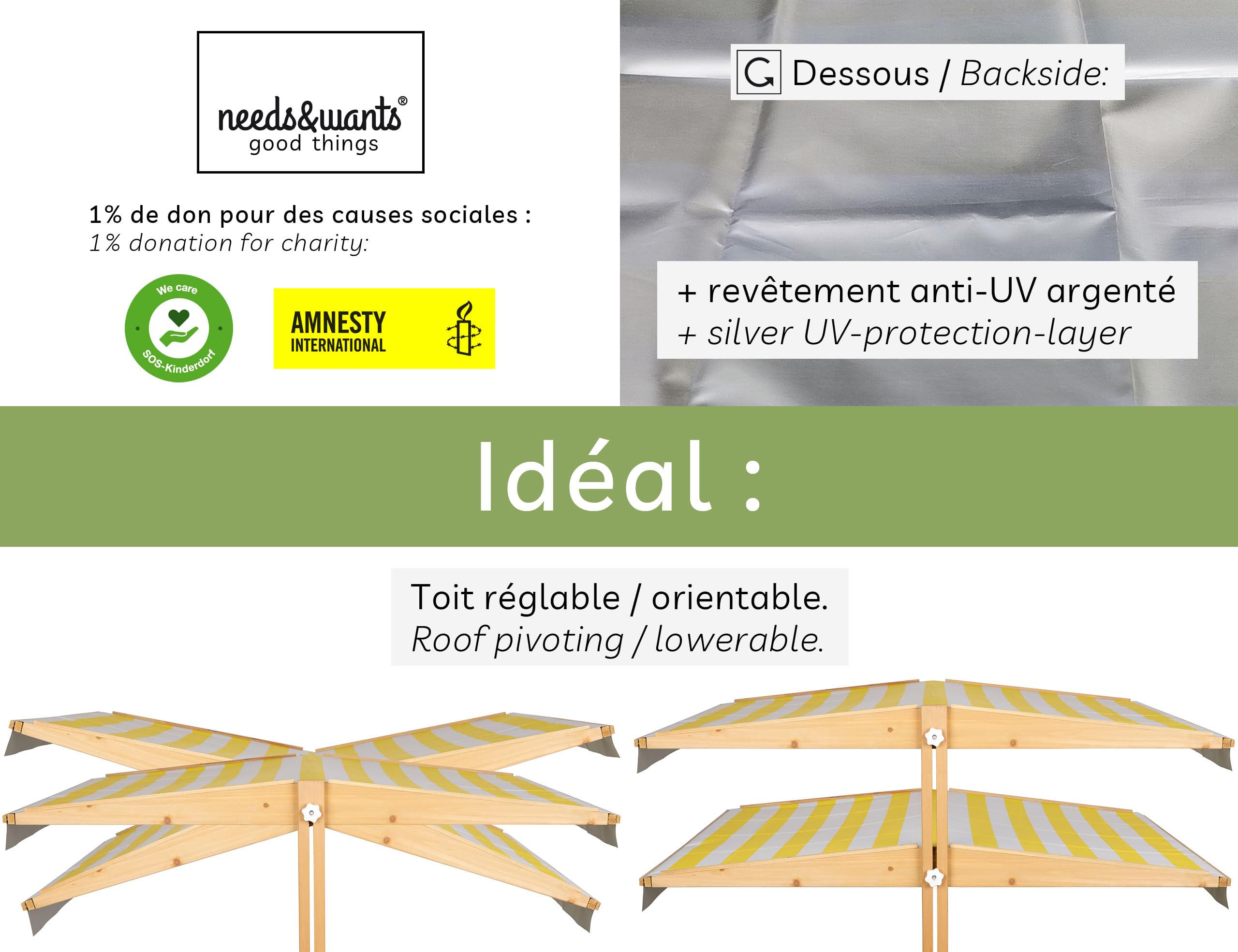 needs&wants® Bac à Sable en Bois avec Couvercle Plastique Oxford 600D pour Enfants, avec Toit refermable, siège, Sol, carré, UV-Protection, rectangulaire extérieur, pour Jardin et Jeux, Jaune Blanc
