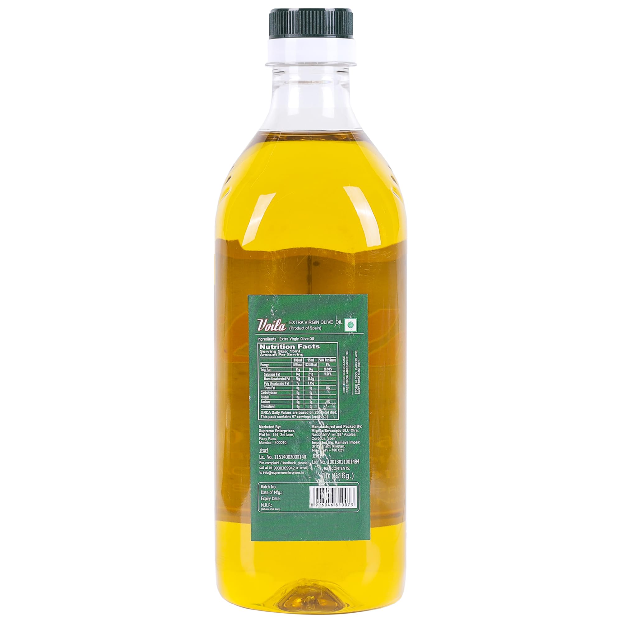 Voila Extra Virgin Olive Oil 1 Liter | Cold Extraction, Low in Saturated Fat, Premium and Light Taste | Imported from Spain For Cooking, Salads, & More | EVOO