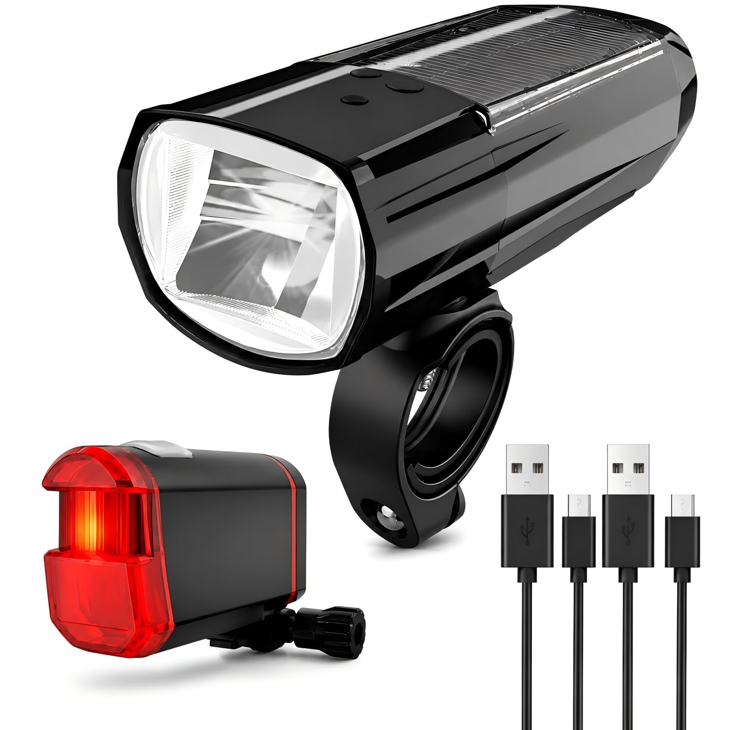 Wiederaufladbare Fahrradbeleuchtung Set, LED Vorne und Hinten Fahrradlichter, USB-C Aufladung, 2400mAh Akku, 3 Helligkeitsmodi, IP44 Wasserdicht, Solarunterstützung für Nachtradfahren