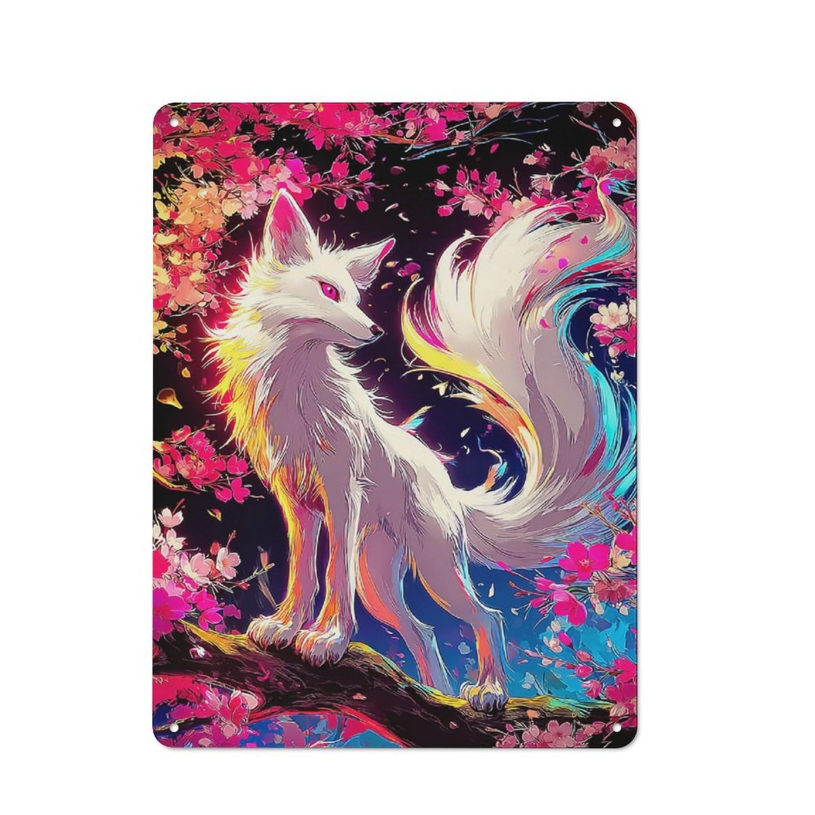 Junmoney Fox Amidst Cherry Blossoms Rustic Metal Wall Sign 40X30cm Featuring For Pub Or Café, For Vintage Wall Decor Fans, For Metal Sign Collectors