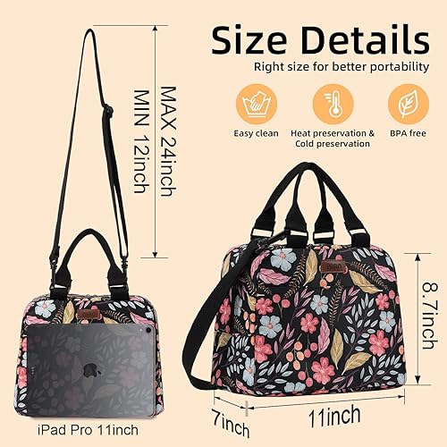Miniatura 2 de PBRO Lonchera aislada para mujer, bolsa de almuerzo reutilizable de amplia apertura con cinturón de hombro ajustable, lindas flores y hojas,