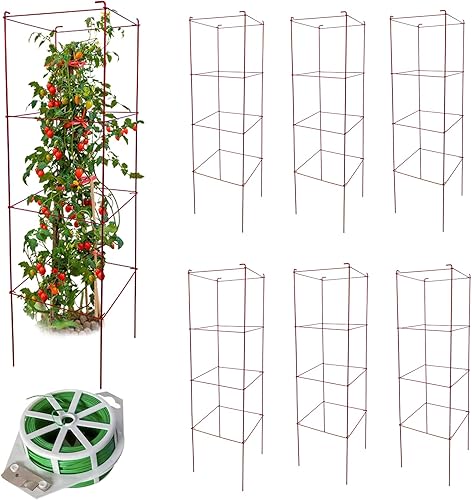 Jaulas de tomate 6 paquetes de 46 pulgadas de alto, soporte para plantas con lazos torcidos de 164 pies, soporte resistente para plantas de jardín