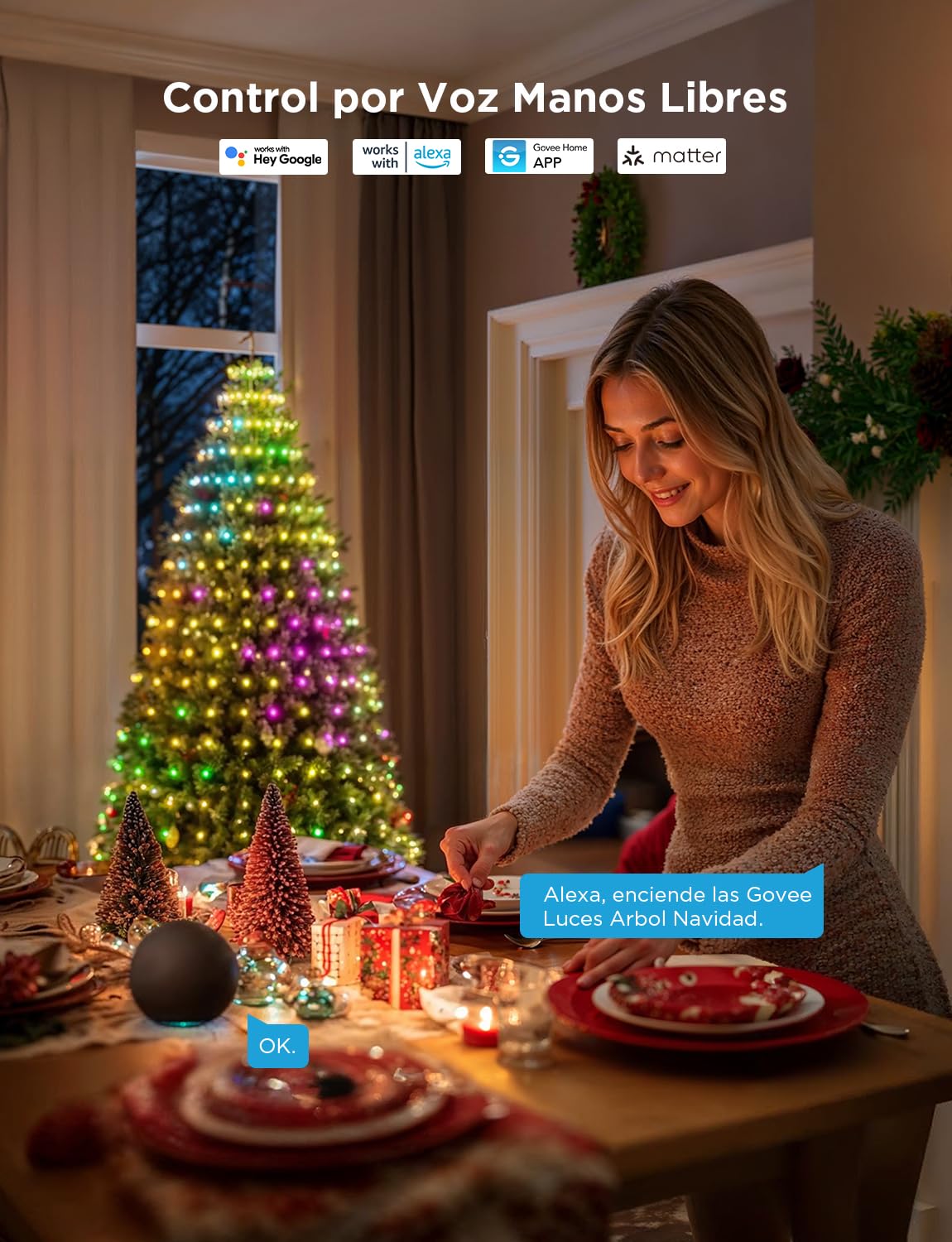 Govee Luces Arbol Navidad, RGBIC 480 LEDs Guirnalda Luces de Navidad, 2M*24 | Música Sync, Control por Voz, 60+ Modos Escena para la Decoración Navideña, Green Wire