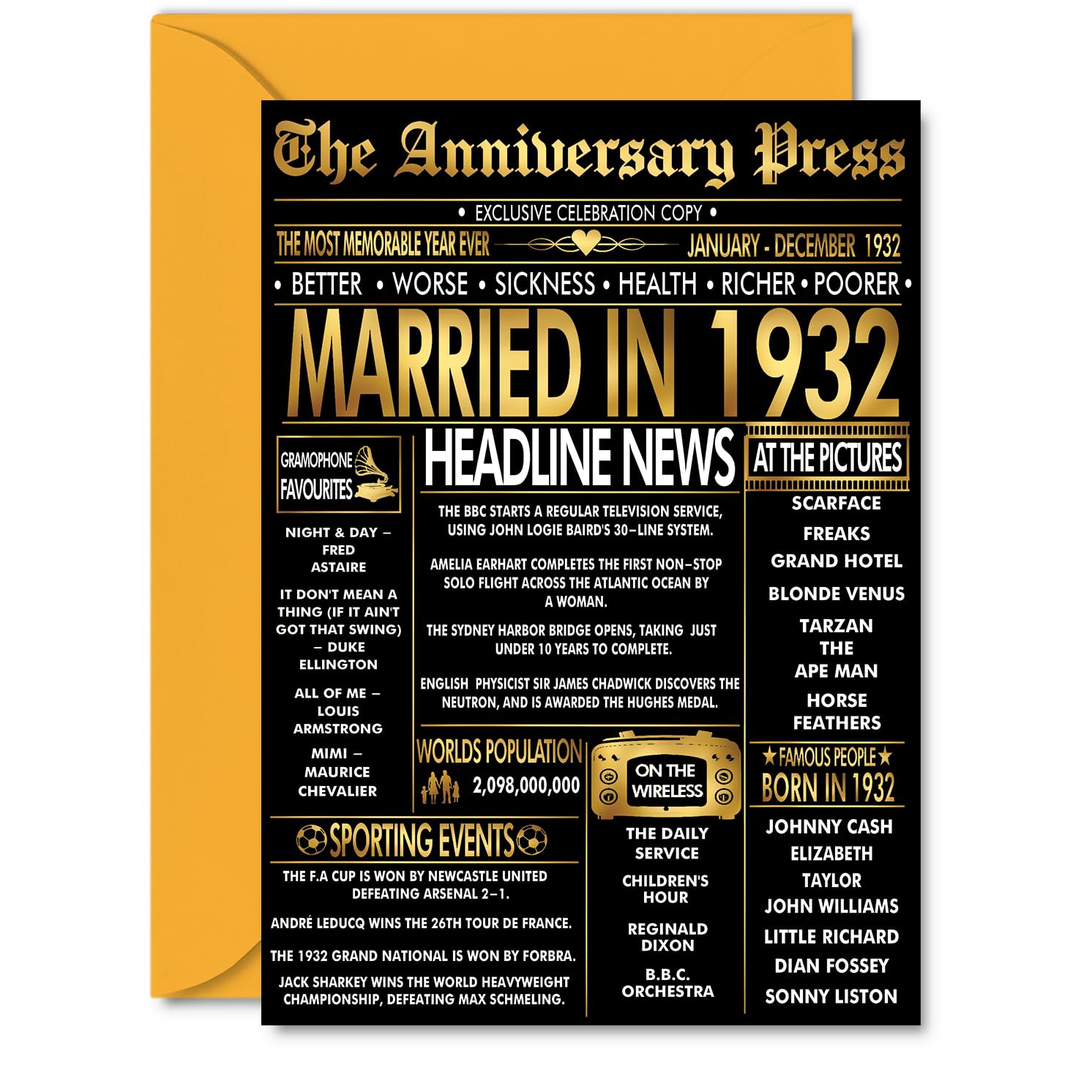 Gold 94th Anniversary Card for Men Women - Golden Newspaper Married in 1932-94 Year Wedding Anniversary Card for Companion Husband Partner Wife, A5 Anniversaries Greeting Cards