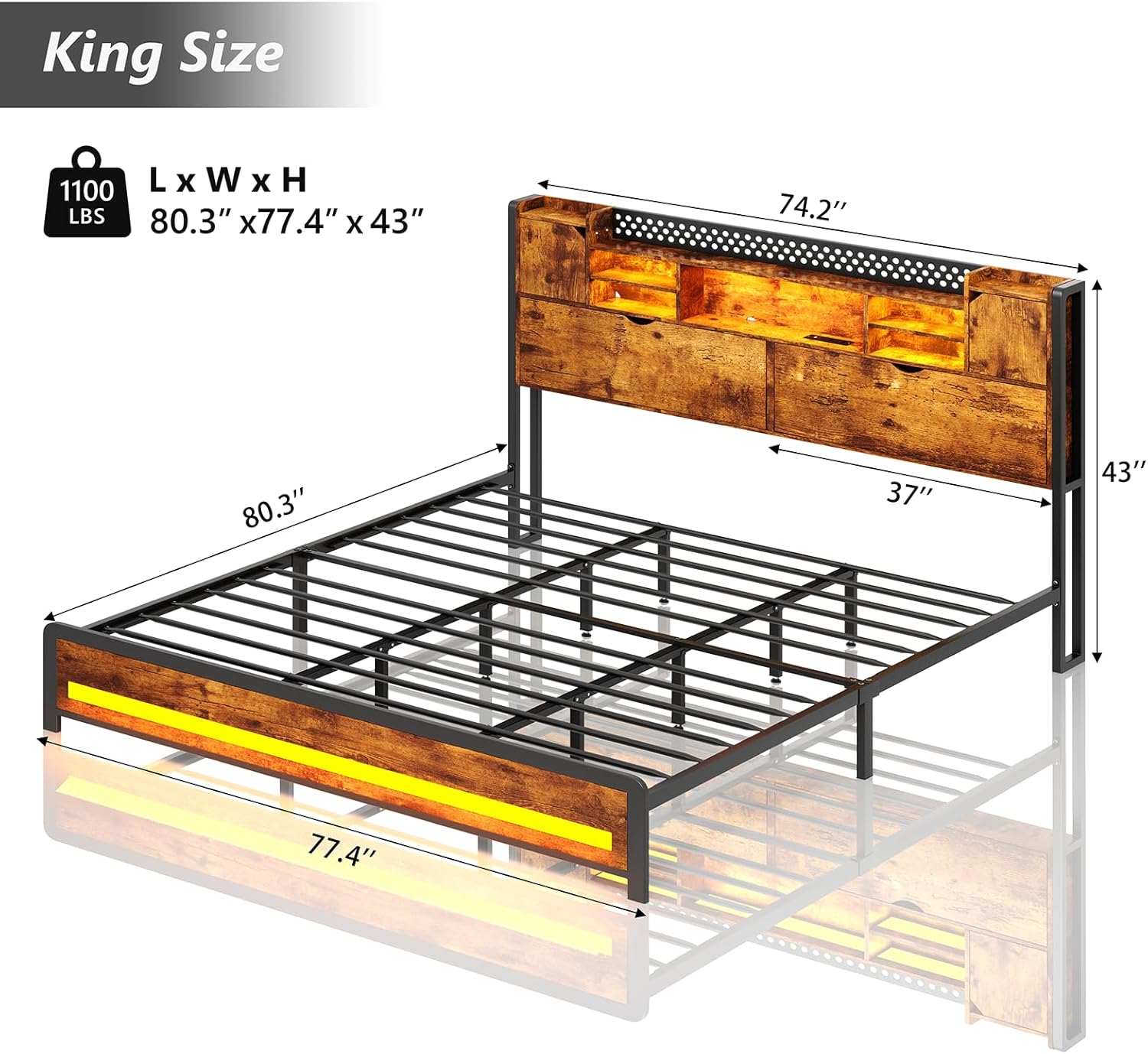 CSZZD King Size Bed Frame and Storage Headboard, LED Bed Frame with USB Charging Station, Metal Platform Bed Frame King with Hidden Storage Space, No Box Spring Needed, Vintage Brown