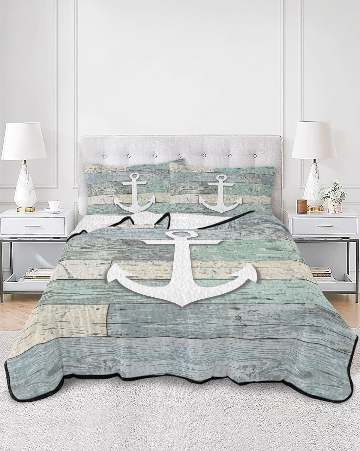 King Size Quilt Set, White Nautical Anchor Lightweight Bedspread Coverlet Set Soft Microfiber Summer Quilt with 2 Pillow Shams, Retro Wood Board Background 3 Piece Comforter Bedding Set