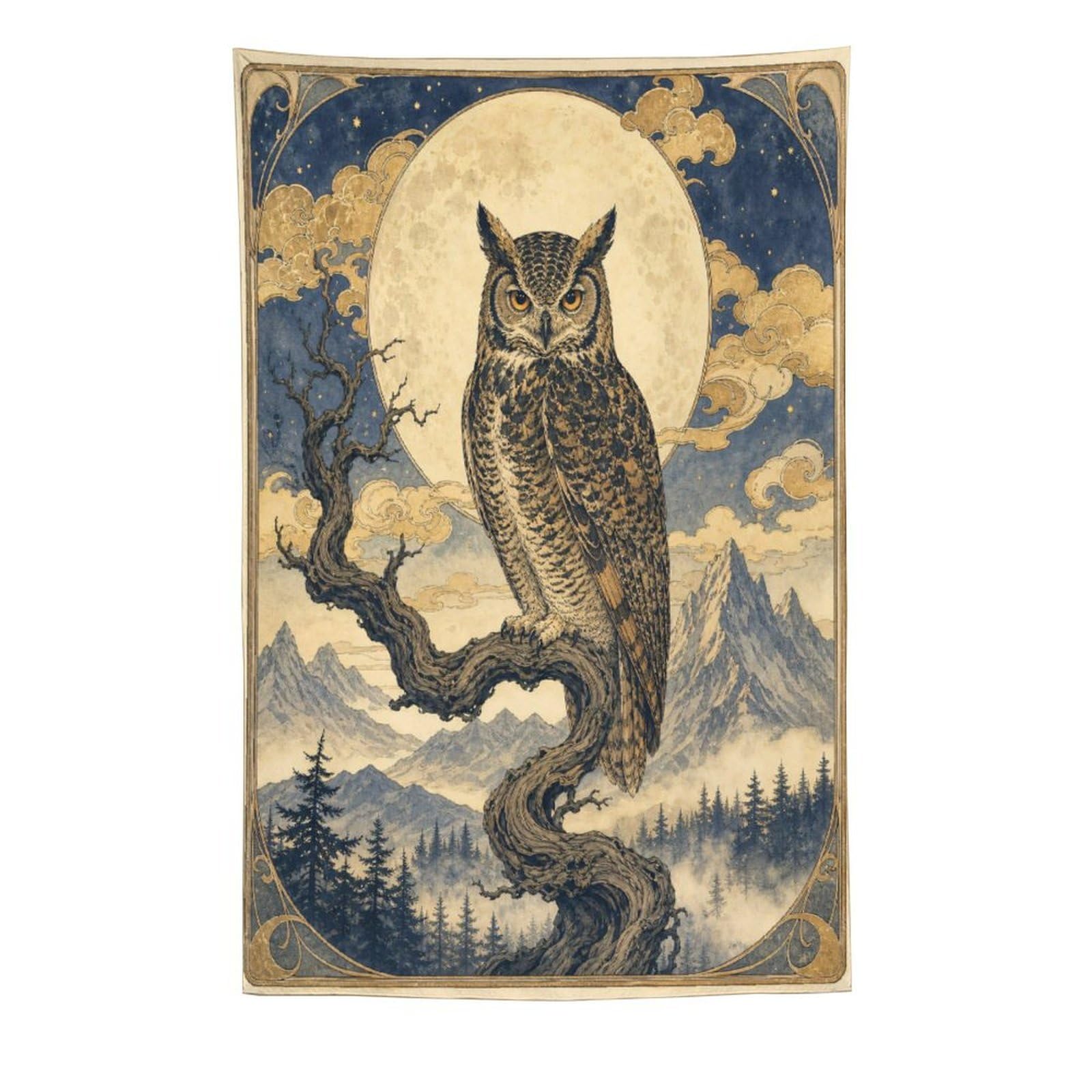 W7C8U2X3 Moon Owl in Forest Wall Tapestry, Vintage Poster, Living Room