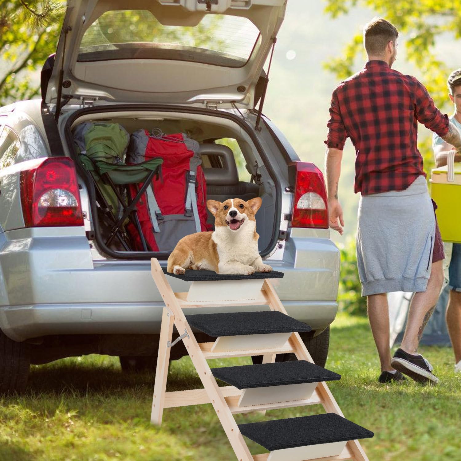 Scala per Cani a 4 Gradini,Rampa 2-in-1 Pieghevole in Legno,Antiscivolo con Pendenza Dolce,Scala per Animali Domestici per Letto,Divano e Auto,Stabile e Portata Fino a 80 Kg