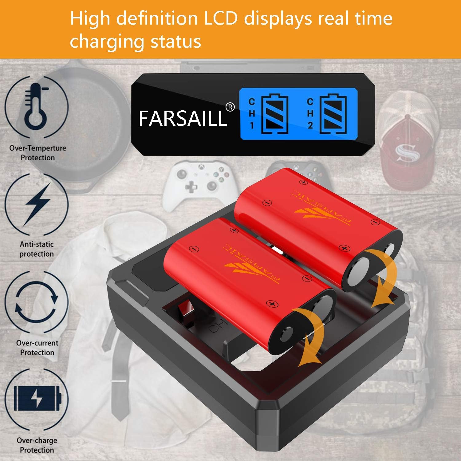 4-Pack Rechargeable Controller Battery with LCD Display Charger Compatible with Xbox One/Xbox One S/Xbox One X/Xbox One Elite Wireless Controller