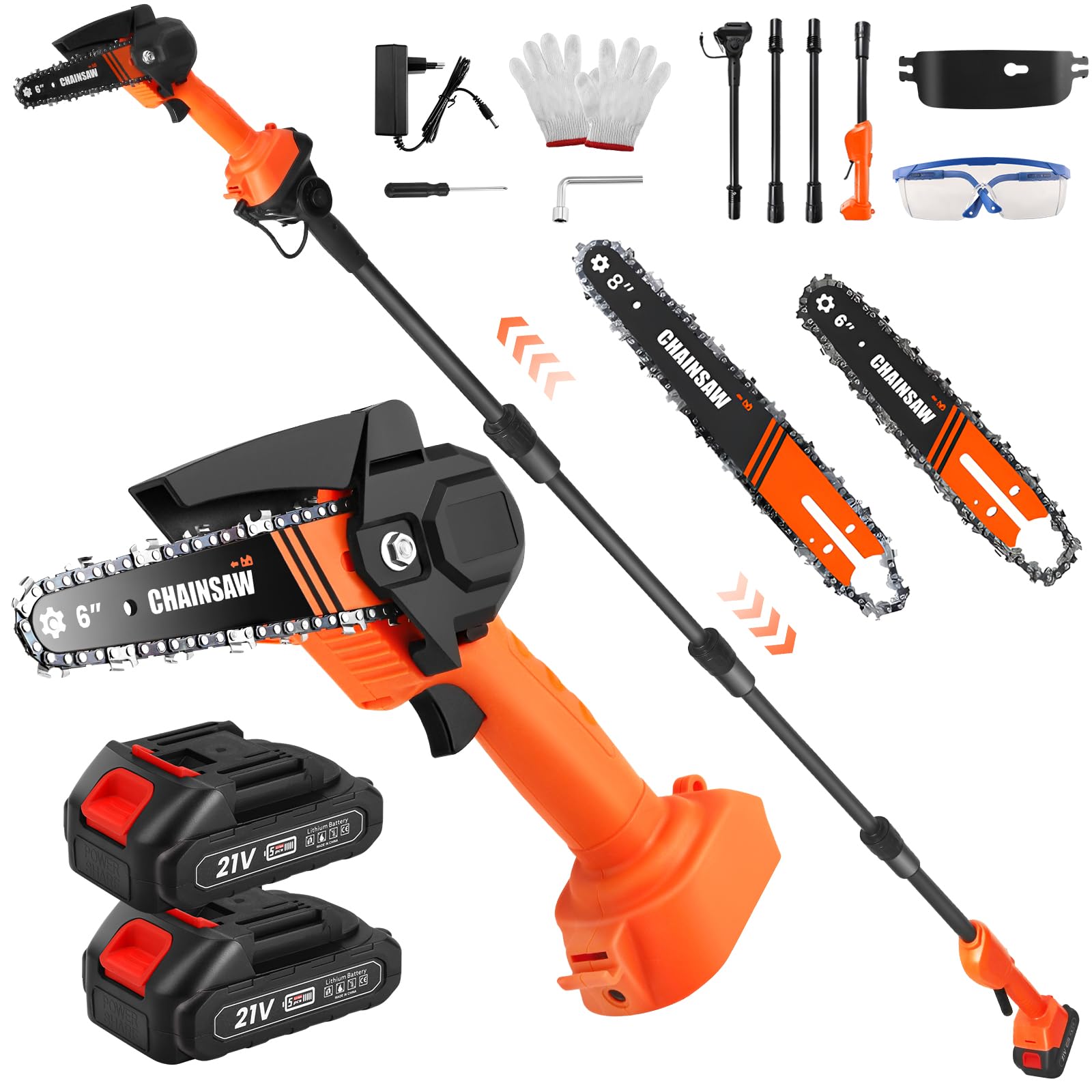 Podadora Eléctrica de Batería 2 en 1, Mini Motosierra de Batería 6 Pulgadas con Telescopio, 2 Baterías 2000mAh y Cargador, Motor sin Escobillas, Podadora Telescópica de Altura para Jardín