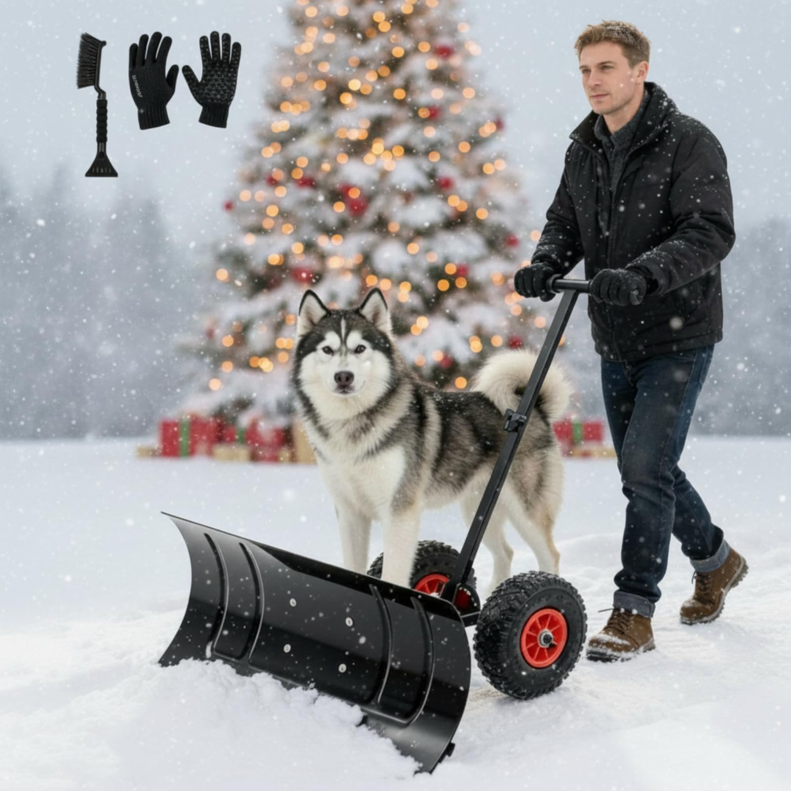 Photo 1 of ***FOR PARTS/ MISSING ASSEMBLY PIECES*** Cinnvoice 29" Snow Pusher Shovel with Wheels, Heavy Duty Adjustable Angle Metal Rolling Wheeled Snow Pusher Removal, Plow Shovel on Wheels for Driveway, Sideway, Walkway, Yard, Garage, Snowy Ways