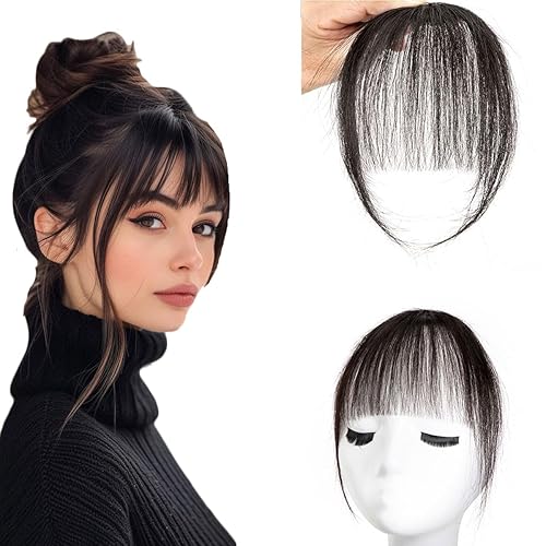 Flequillo con clip, extensiones de cabello humano 100 % real, flequillo con clip para mujer, extensiones curvadas (flequillo sabroso, negro