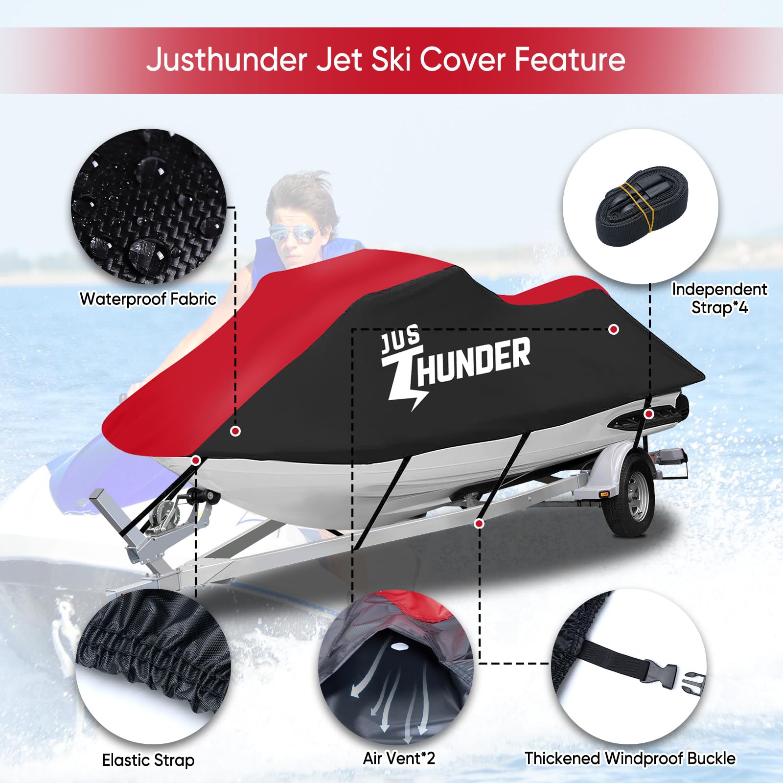 Housse De Jet Ski JUSTHUNDER 210D Imperméable - Taille L (3.4-3.7 M), 4 Sangles Coupe-vent - Compatible Yamaha, Seadoo, Kawasaki