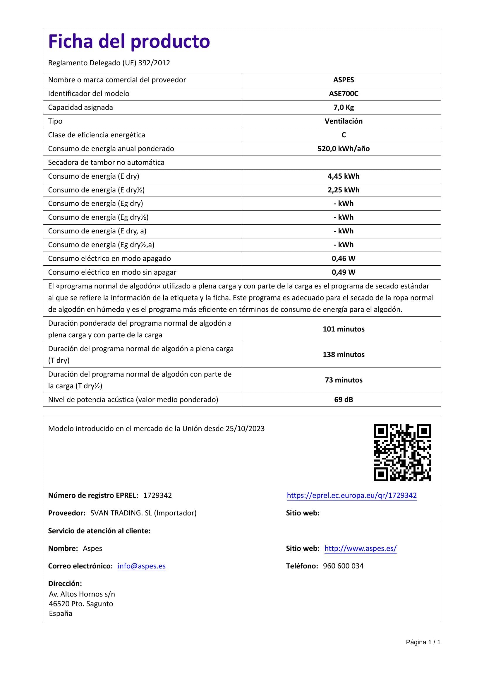 Aspes Secadora de Evacuación 7Kg Carga Frontal Blanco ASE700C. 2000W, 16 Programas, Función Antiarrugas, Función Antiarrugas, Display LED manual, Eficiencia Energética Clase C