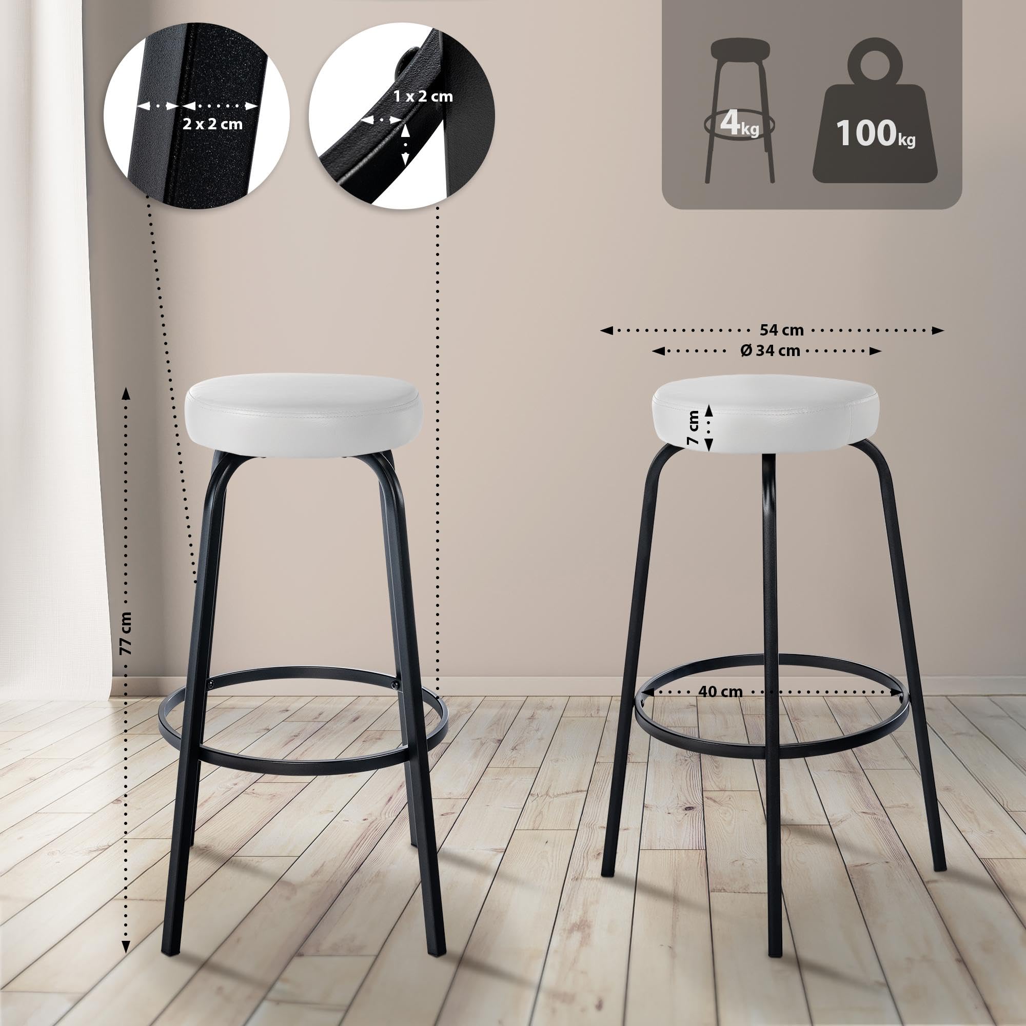 CLP Tabouret de Bar rembourré sans Dossier Kamari, Chaise de Bar avec revêtement en Similicuir ou en Velours, avec Structure métallique | Couleur Blanc Matériel Similicuir