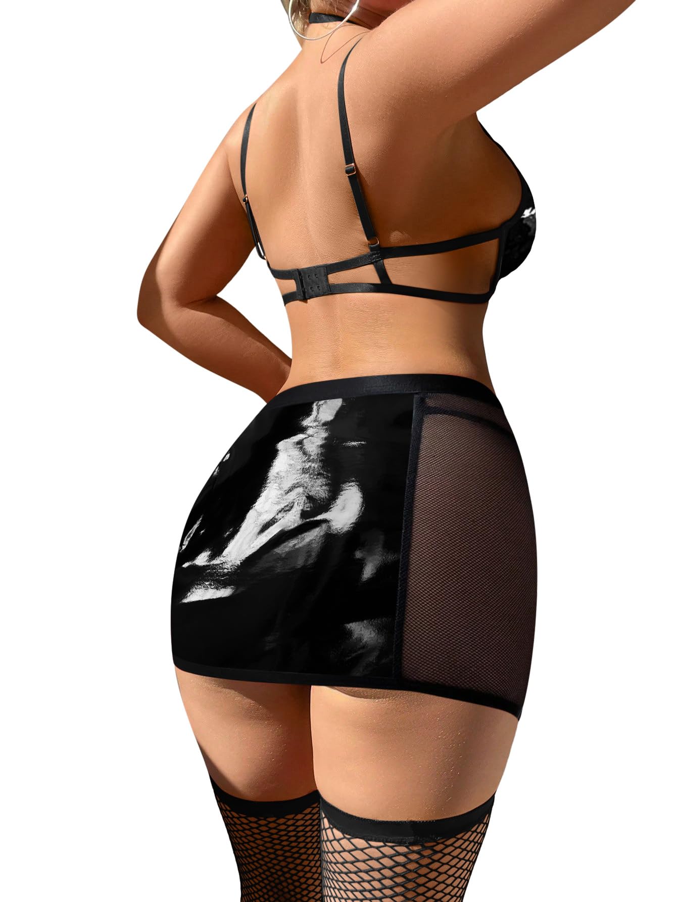 Foxiny Sexy Cutout Halter Underwire Leather Mesh Sheer Mini Skirt Stocking Lingerie Set 4 Piece Outfits: 4X-Large Glossy Black