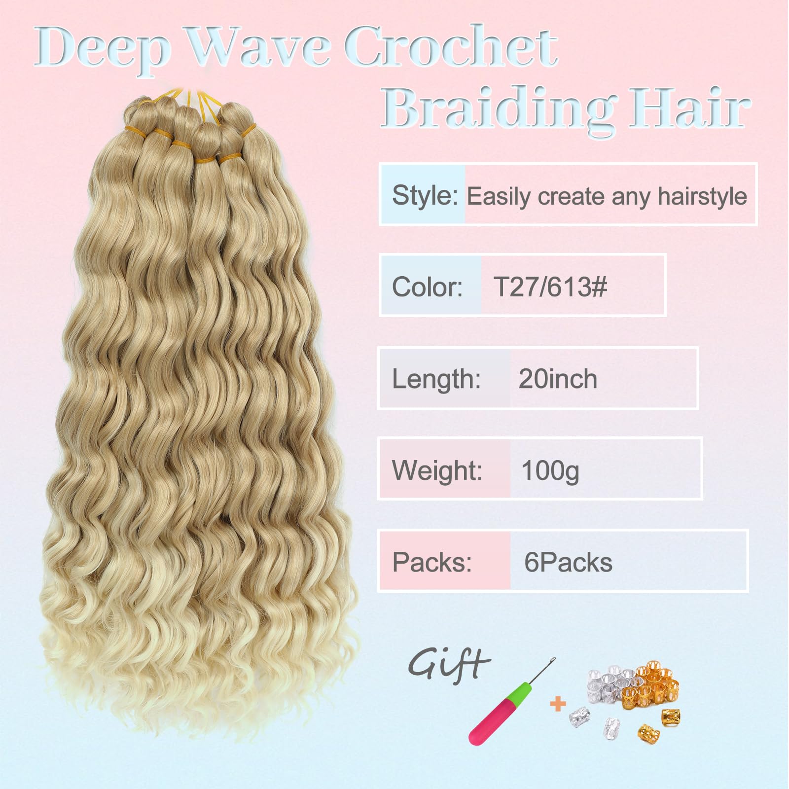 MLETULIPS Curly Crochet Braiding Hair Extensions Deep Wave Braiding Hair Ocean Wave Crochet Hair Soft Synthetic Bohemian Curly Water Wave Crochet Braids for Women (T27/613# - Image 2