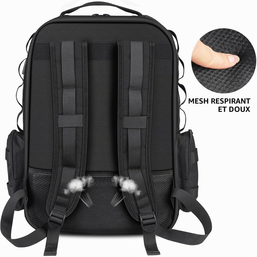 AIRAJ Sac à Dos Outils 46x40x18 cm - Sac à dos pour outils avec 23 Pochettes, Ouverture Totale pour Électriciens et Travaux de Construction (Double étui pour pièces inclus)