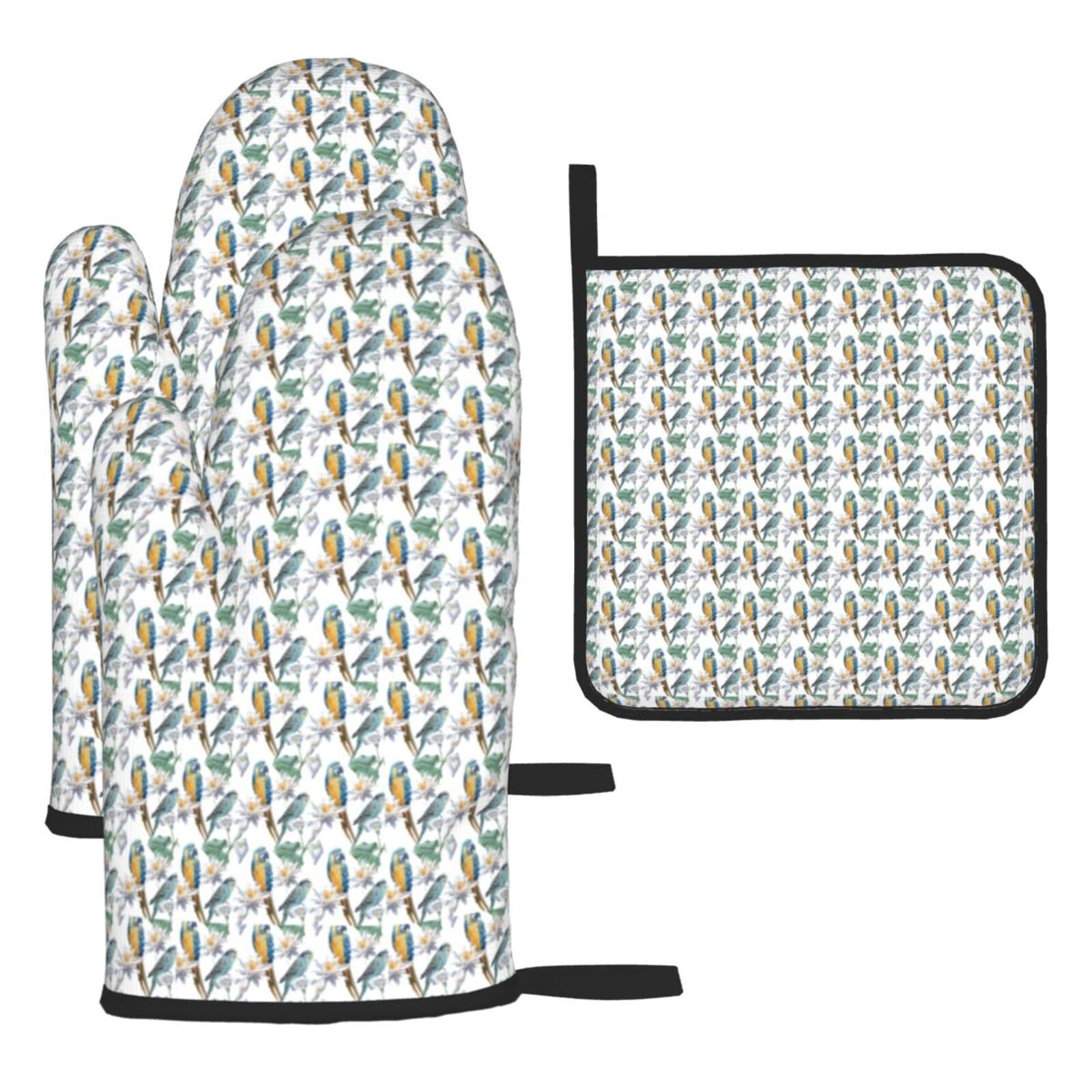 Parrots On Branches Print Oven Mitts Kitchen Gloves Set Everyday Baking Grilling Microwaving Cooking Gift