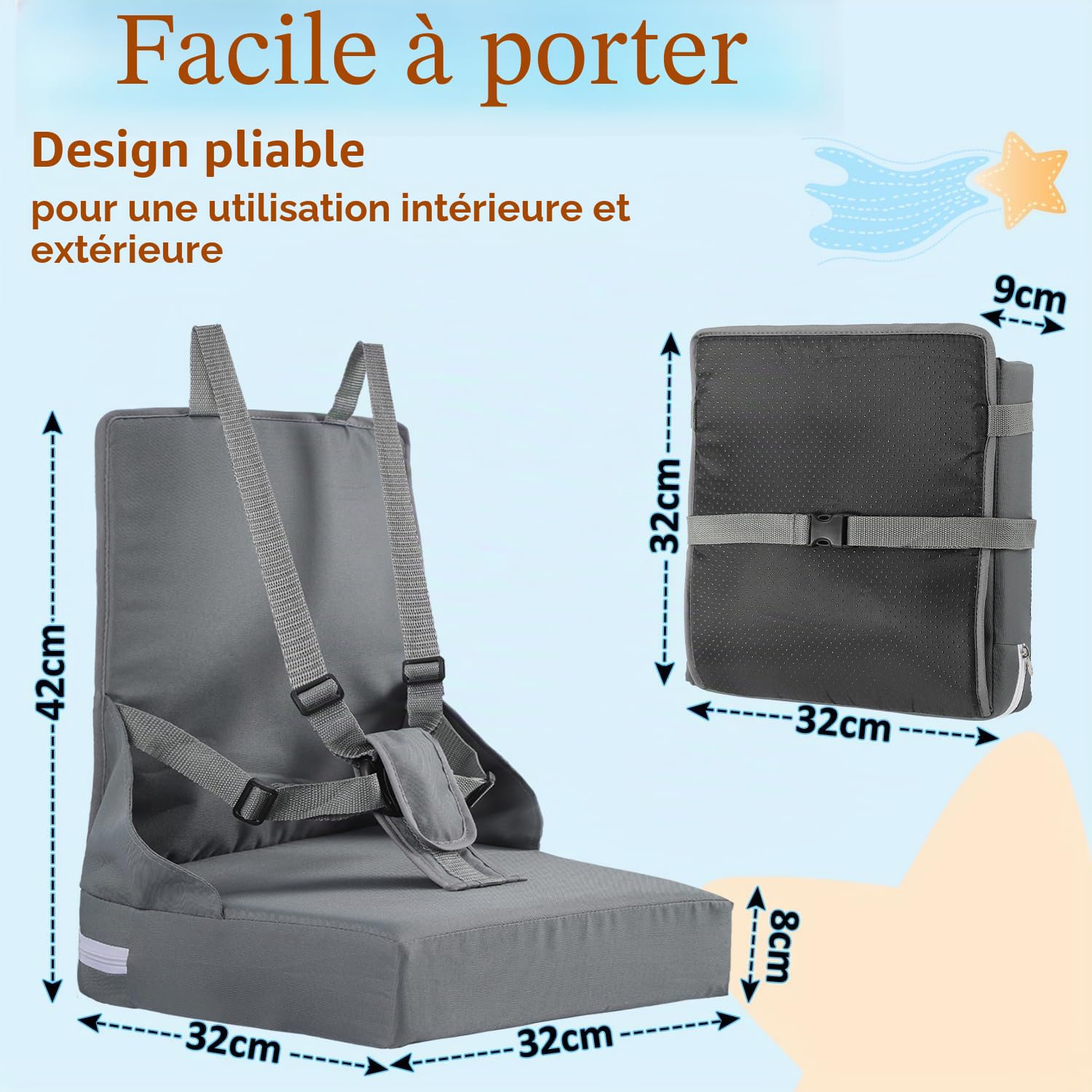 Rehausseur de chaise pour enfant, harnais à 5 points, pliable, coussin d'assise portable avec dossier, imperméable et facile à nettoyer, sac de rangement inclus, gris