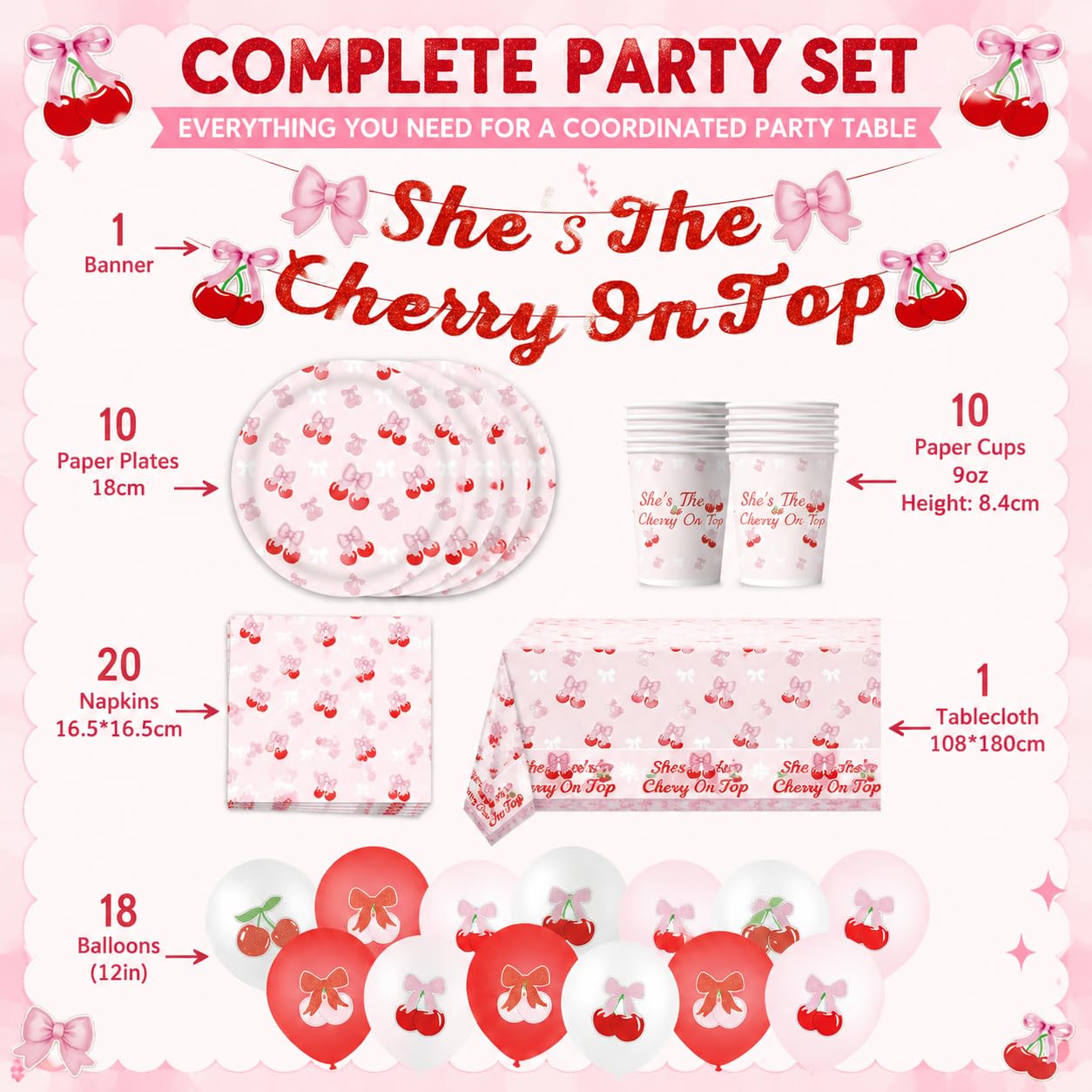 Set di stoviglie per feste, ciliegia, compleanno, per feste di compleanno, per ragazze e ragazzi