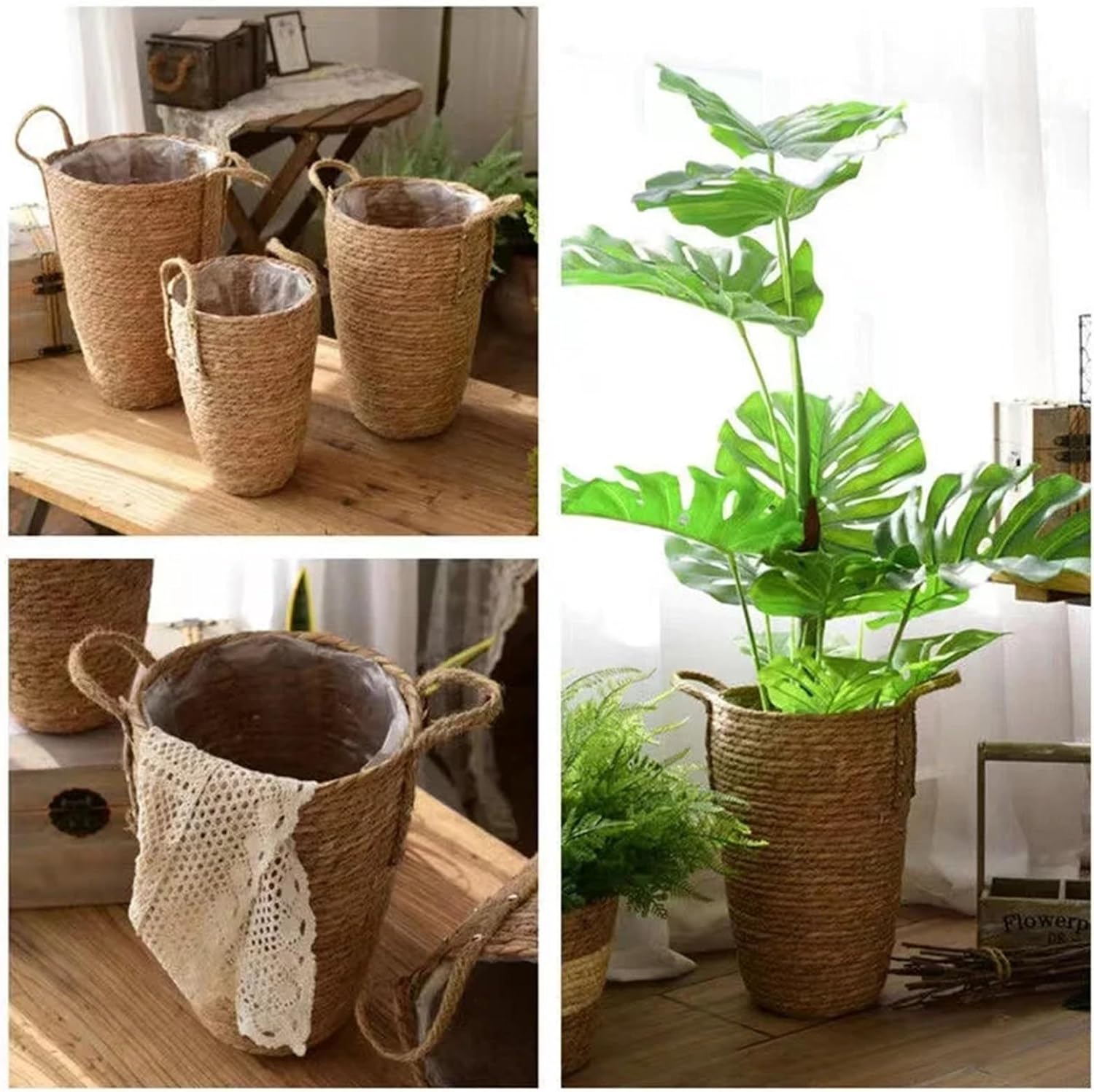 Tall Natural Wicker Planter Basket, Flower Pot Cover, Home & Garden Decor, Laundry Bucket, Dirty Clothes Storage, Toy Holder(Size S 19x29cm)