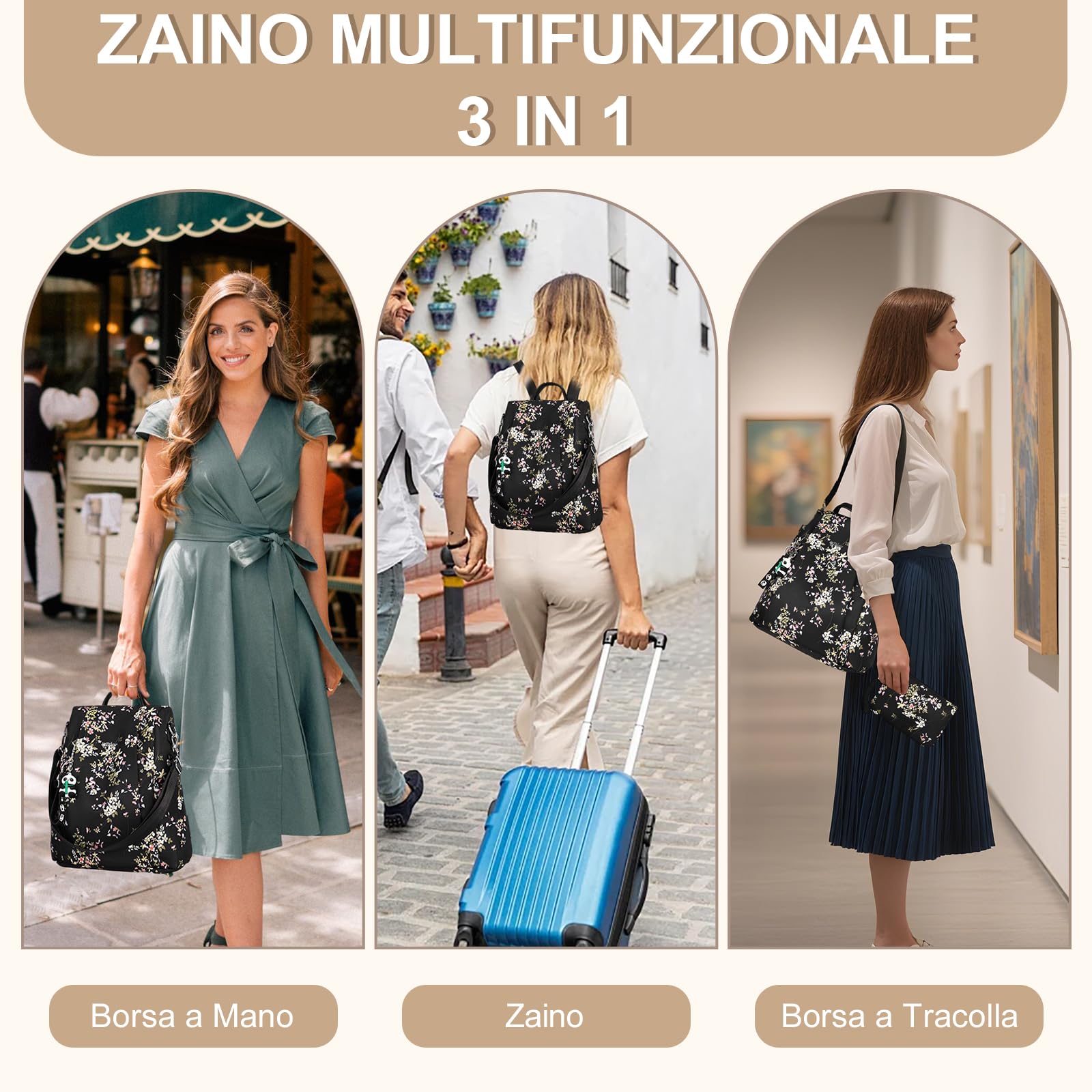 Eshow Zaino Donna Antifurto, Zainetto Multifunzionale, Borsa Casual ed Moda per Viaggio, Scuola, Lavoro, Shopping, Visite e Università